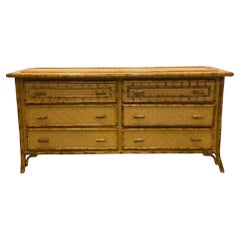 Vintage Superb Woven Herringbone Rattan Bamboo & Faux Tortoise Chest of Drawers