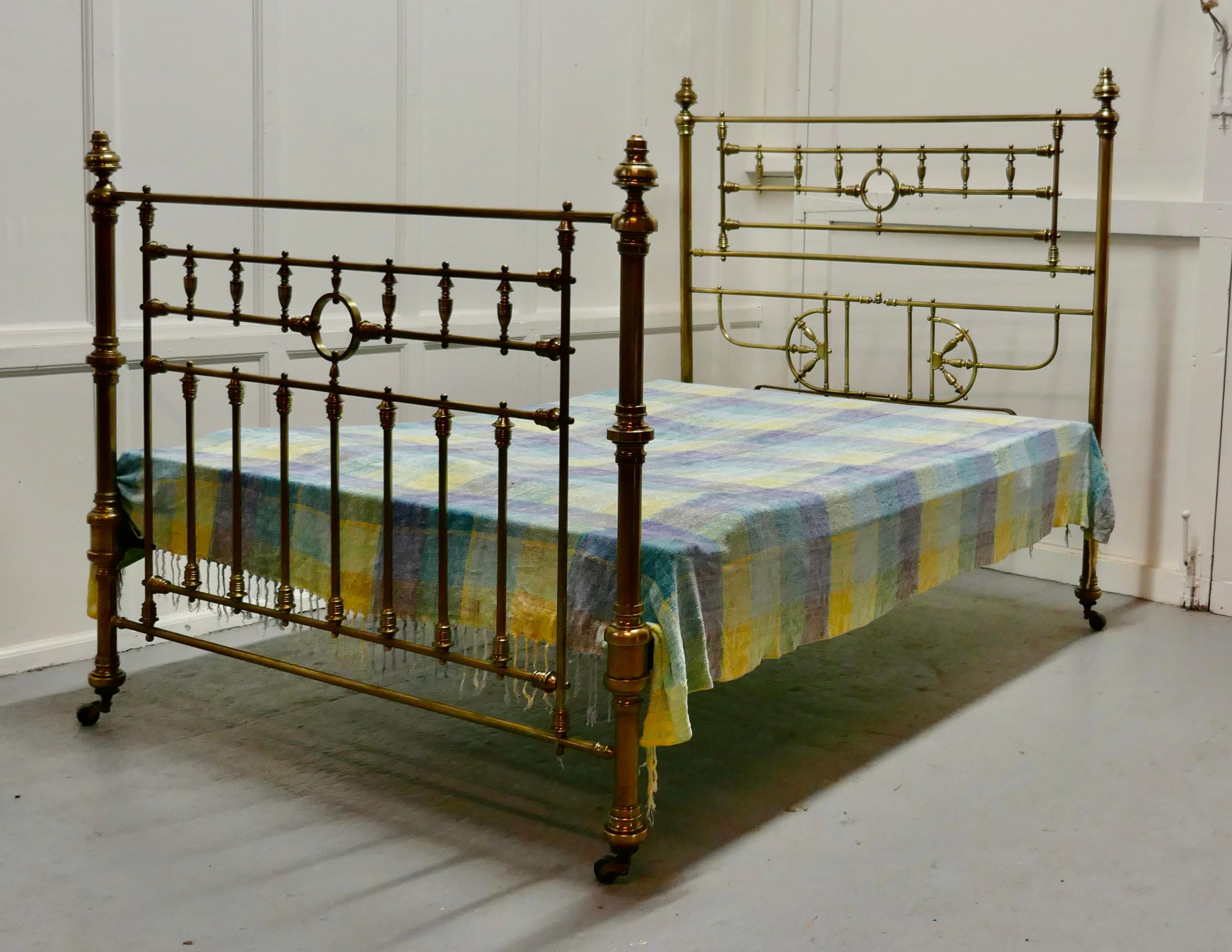 Superb 19th century Arts & Crafts brass bed, 4ft 6” double.

The bed dates from circa 1880, the head of the bed is decorative, it has turned brass spindles, matching similar decoration at the foot both ends have turned brass knobs and it stands on
