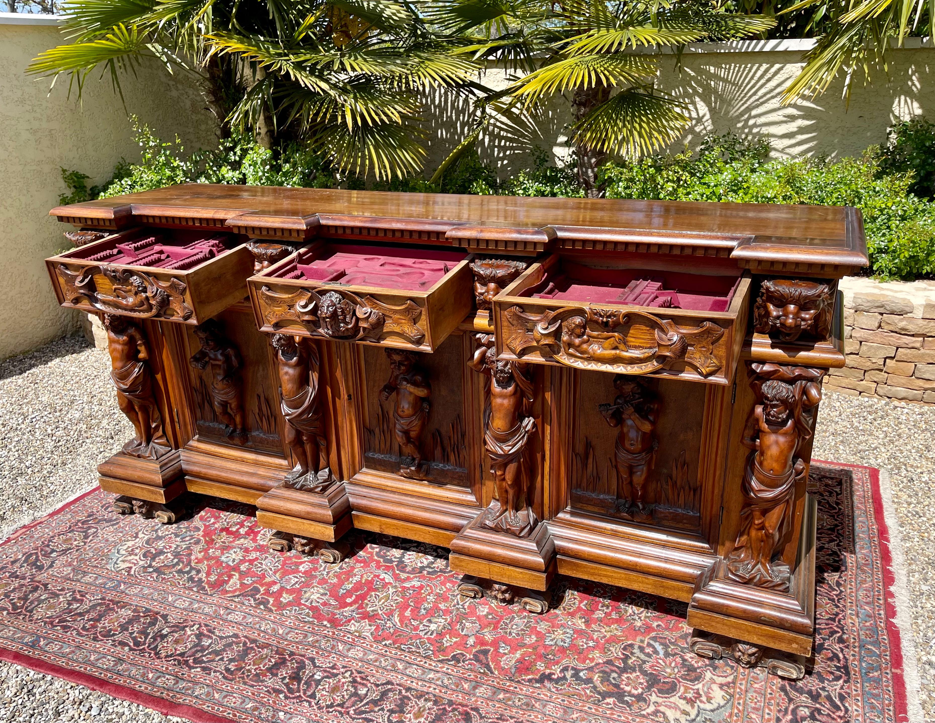 19th Century, Wonderful Carved Walnut Buffet Italian Style 15