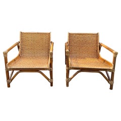 Superbly Chic Pair of Vintage French Ratttan & Wood Lounge Club Chairs
