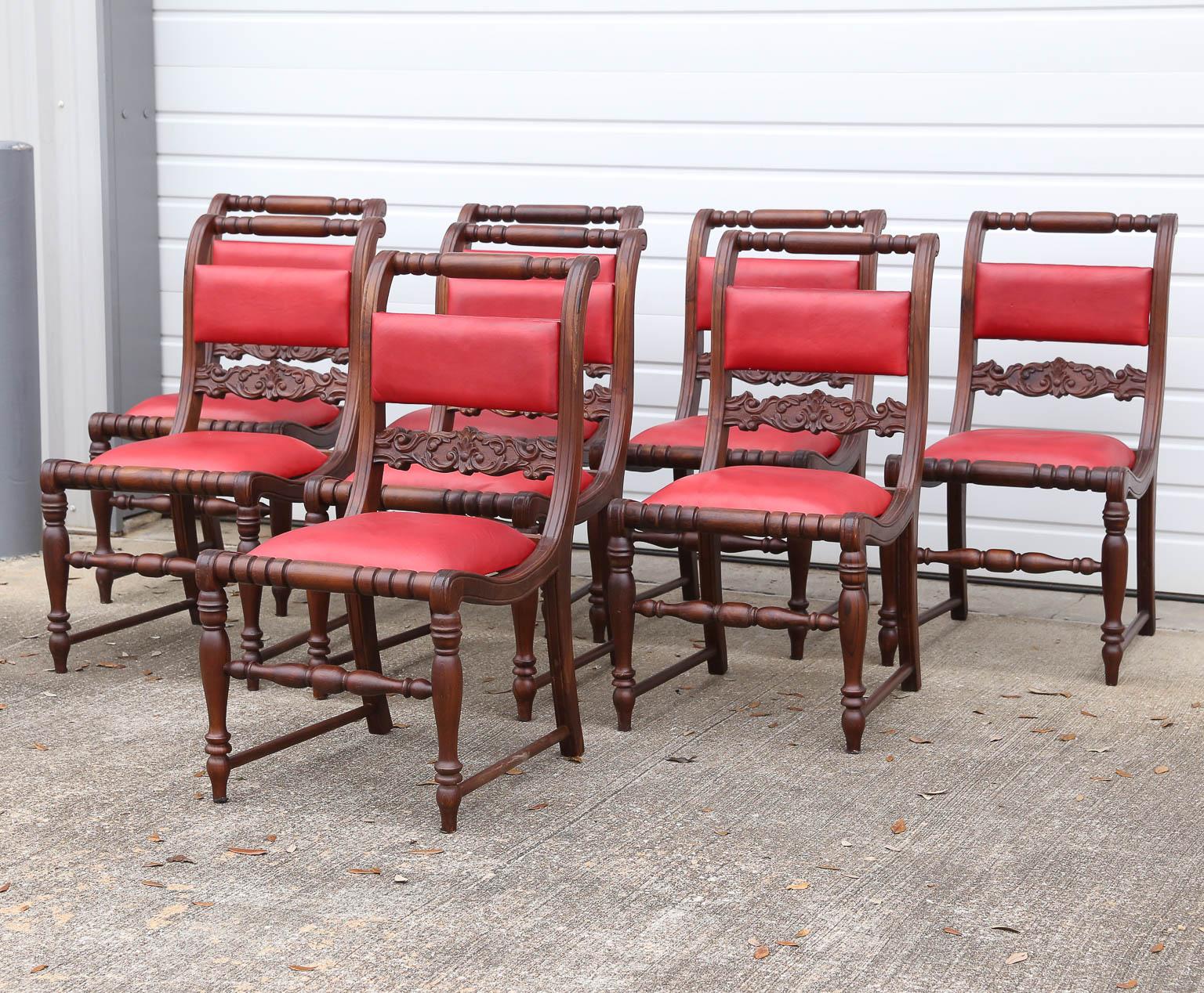 Set of modern ten teak wood and leather dining chairs. These are handcrafted in old world carpentry. Elegant and comfortable these ten chairs will light up any ceremonial dining halls.
Offered by one of the largest dealer in colonial furniture.