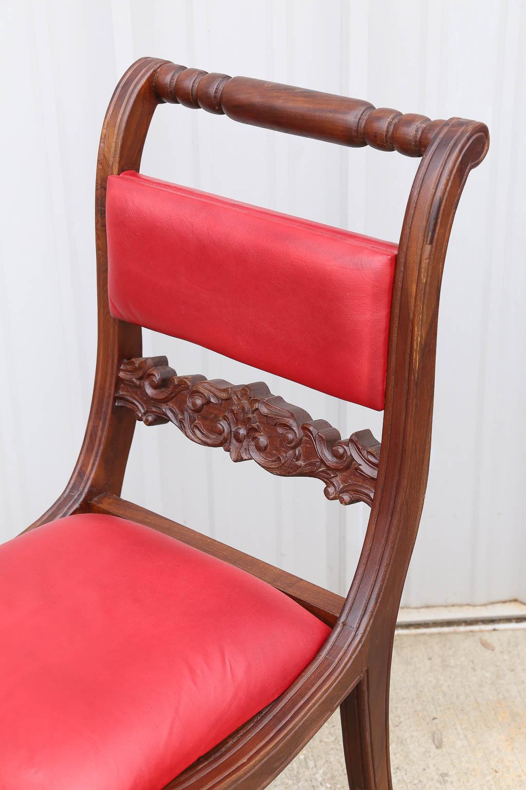 Indian Superbly Crafted Stylized Modern Teak Wood and Fine Leather Dinning Chairs For Sale