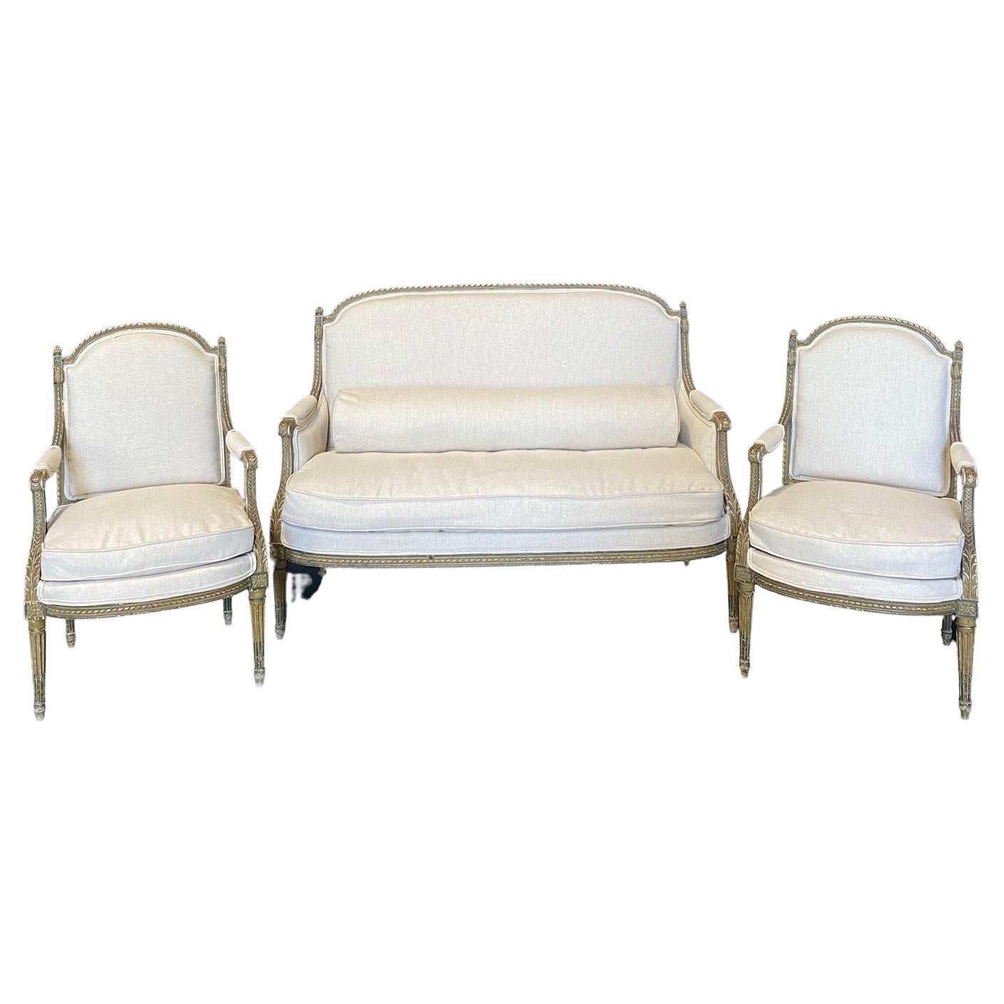 Superbly Elegant French 19th Century Louis XVI Parlor Set with Sofa & Armchairs