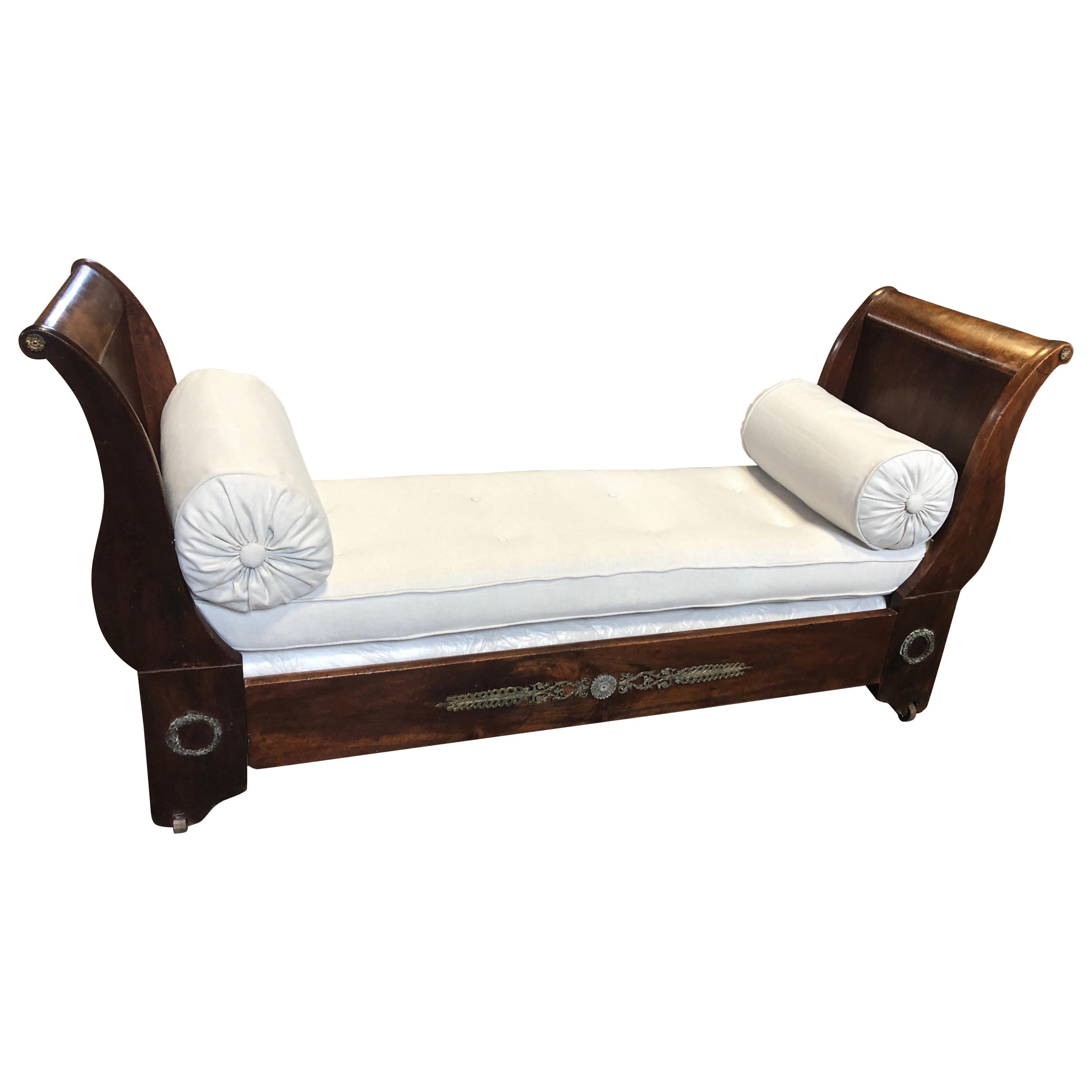 Superbly Elegant French Empire Mahogany Daybed with Luxe Upholstery