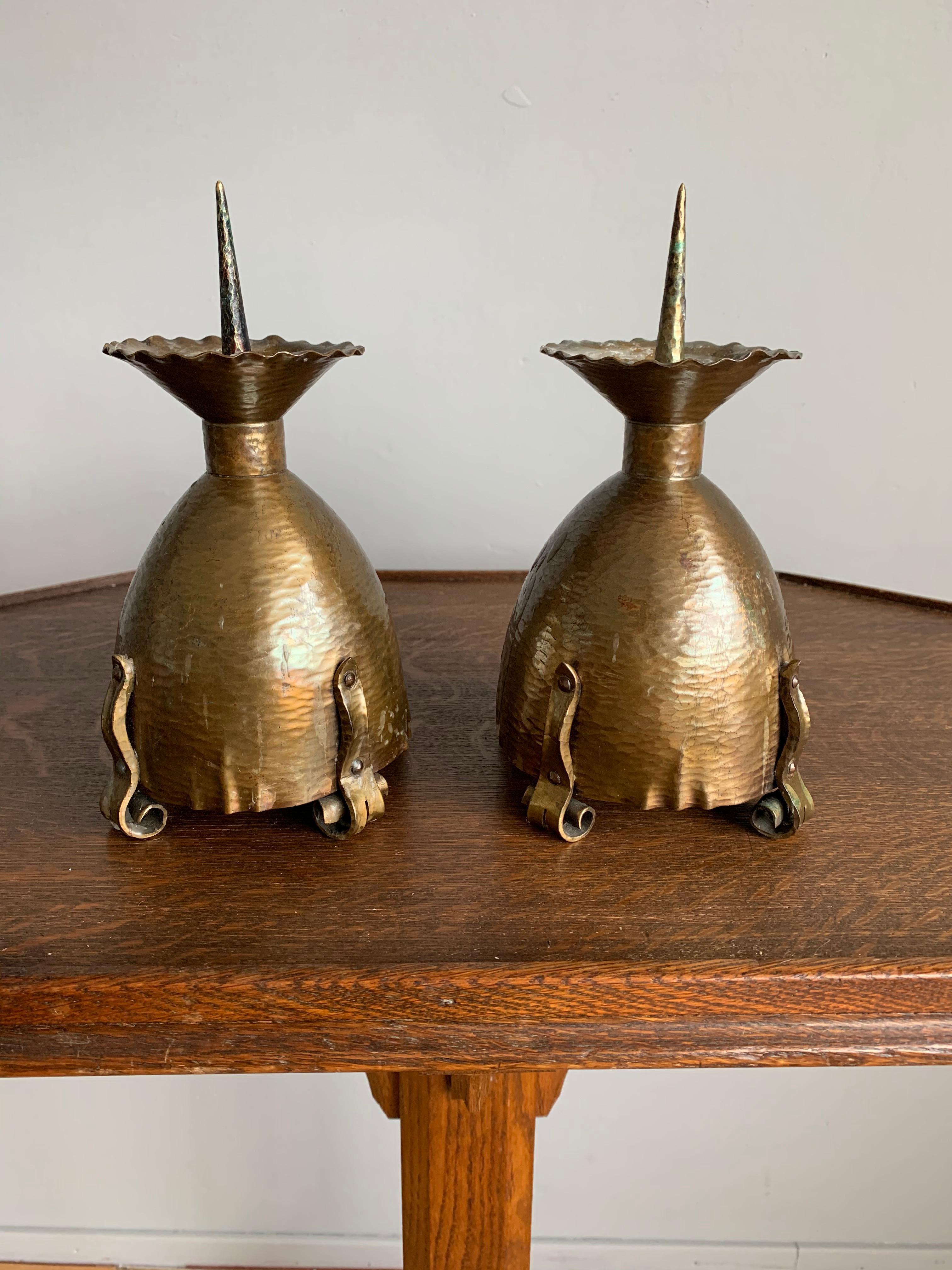 European Superbly Handcrafted Pair of Arts & Crafts Brass Candlesticks / Holders, 1910s For Sale