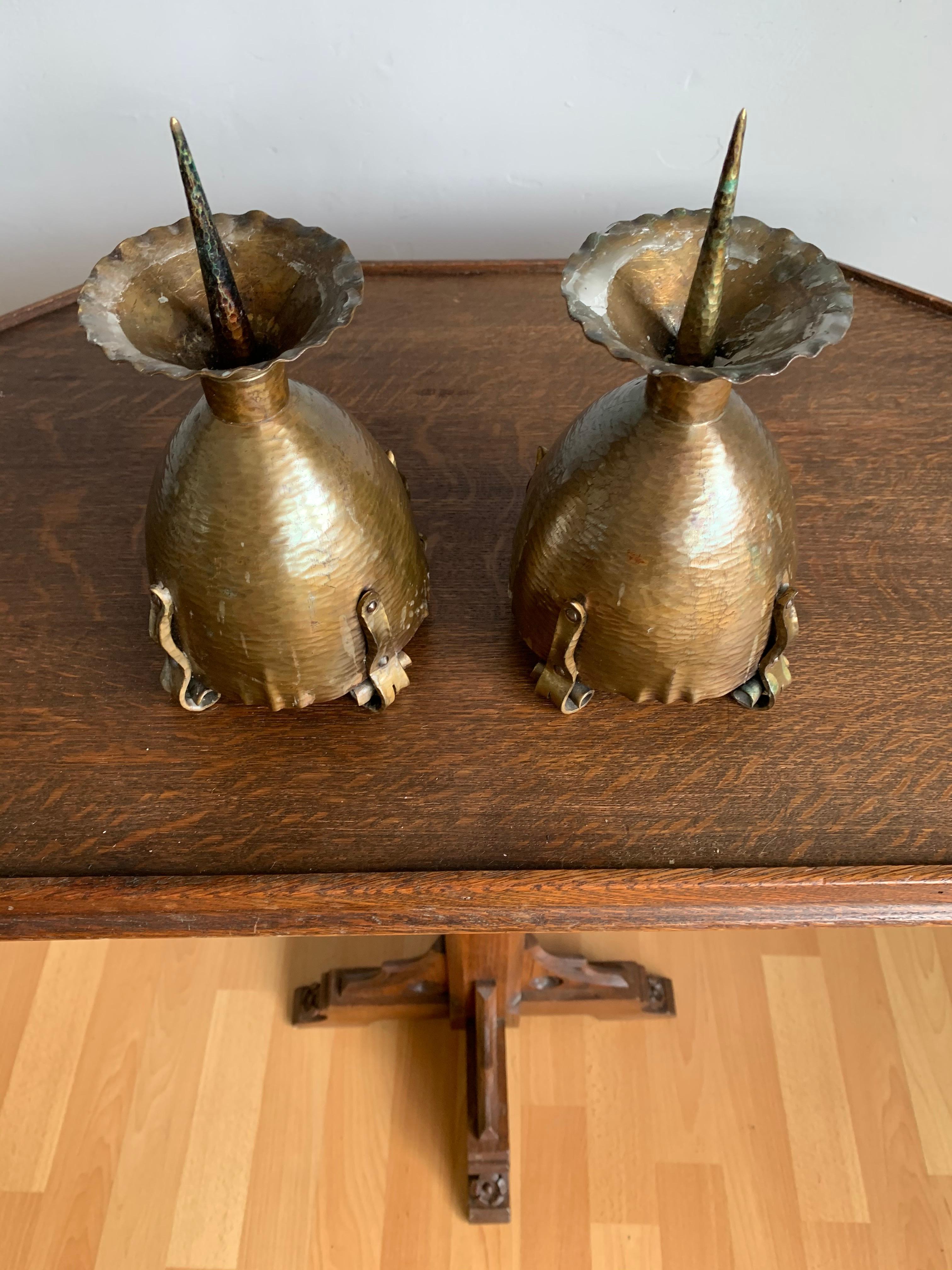 Forged Superbly Handcrafted Pair of Arts & Crafts Brass Candlesticks / Holders, 1910s For Sale