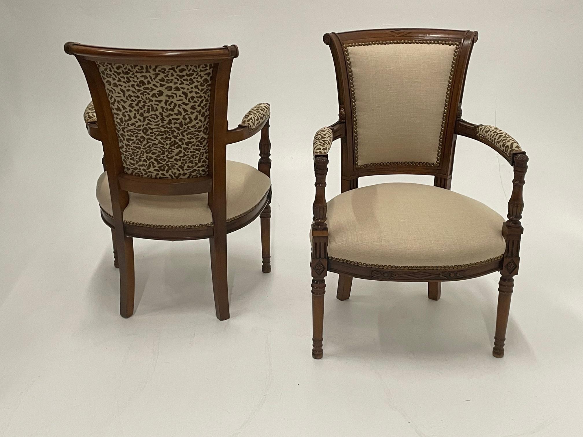 Superbly Stylish Pair of Carved Walnut Armchairs Upholstered in Linen & Leopard For Sale 5