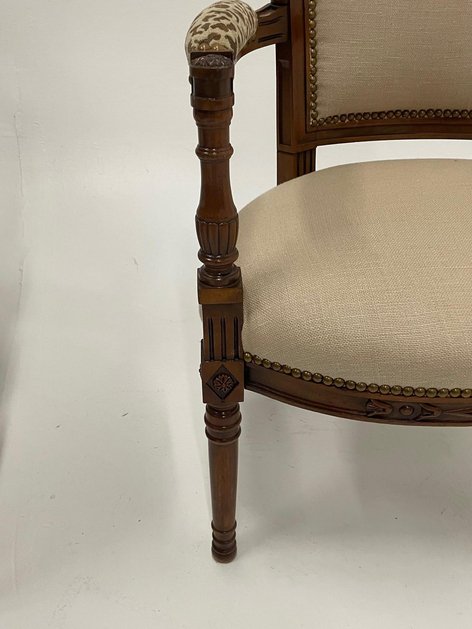 French Superbly Stylish Pair of Carved Walnut Armchairs Upholstered in Linen & Leopard For Sale