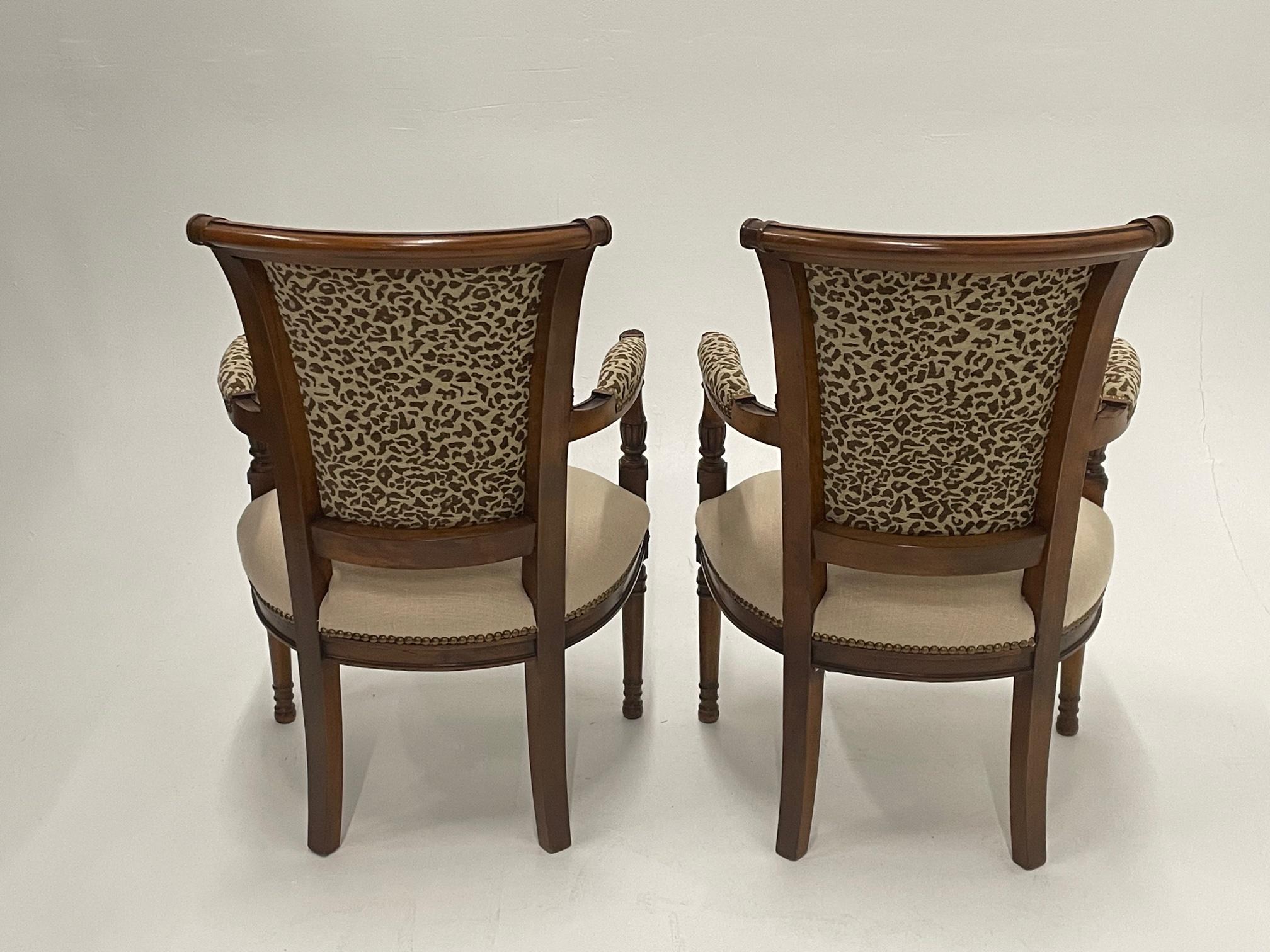 Superbly Stylish Pair of Carved Walnut Armchairs Upholstered in Linen & Leopard For Sale 1
