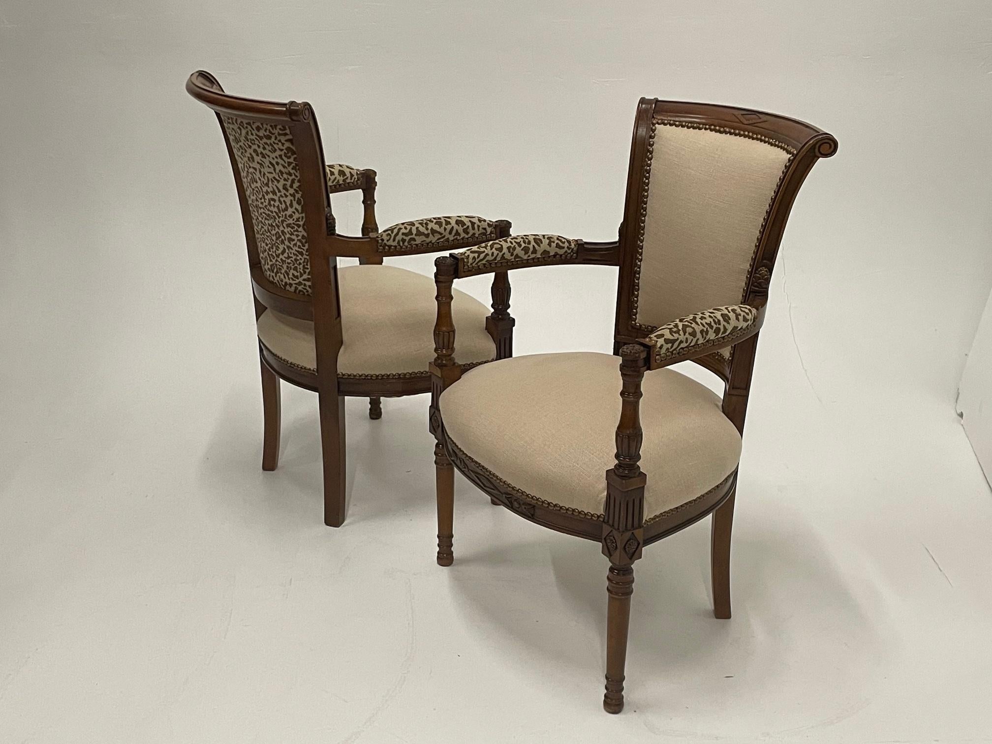 Superbly Stylish Pair of Carved Walnut Armchairs Upholstered in Linen & Leopard For Sale 3
