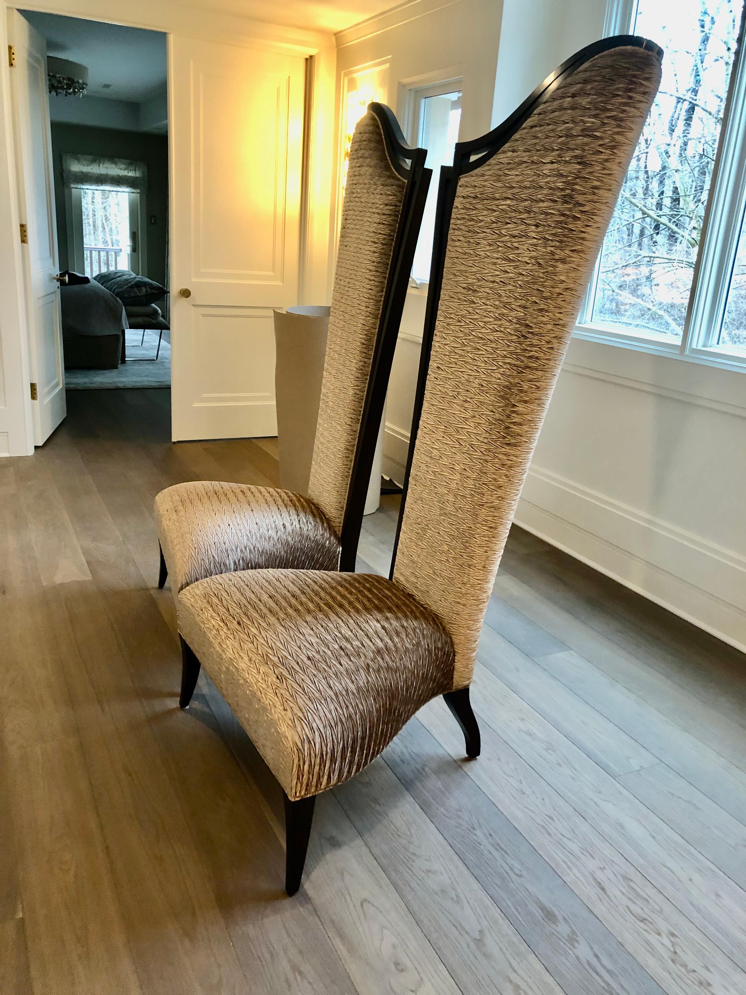 Superbly stylized pair of Versense Droite Christopher Guy chairs that will steal the show wherever placed in your home having low wide seats and whimsical extremely high backs. Add a touch of grandeur with these matched left and right asymmetrical