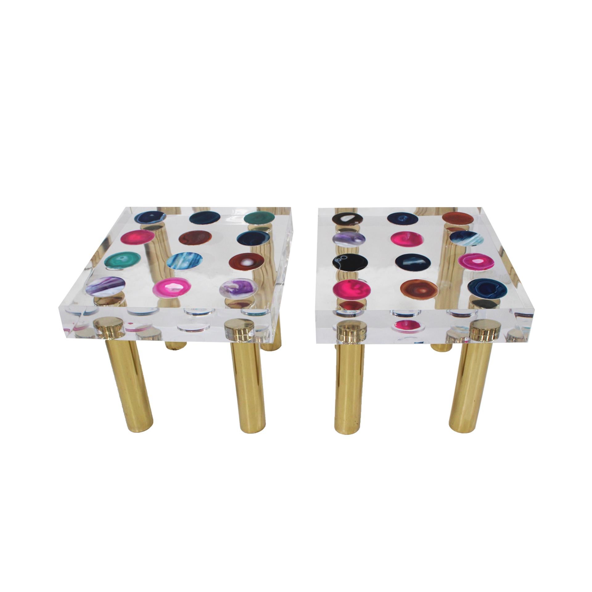 Side tables designed and produced by Studio Superego. Made of plexiglass of ten centimeters thickness, with agates inlaid and legs in brass. Made in Italy.

The project Superego was born in 2003 within Movimento Moderno, a company working in design,