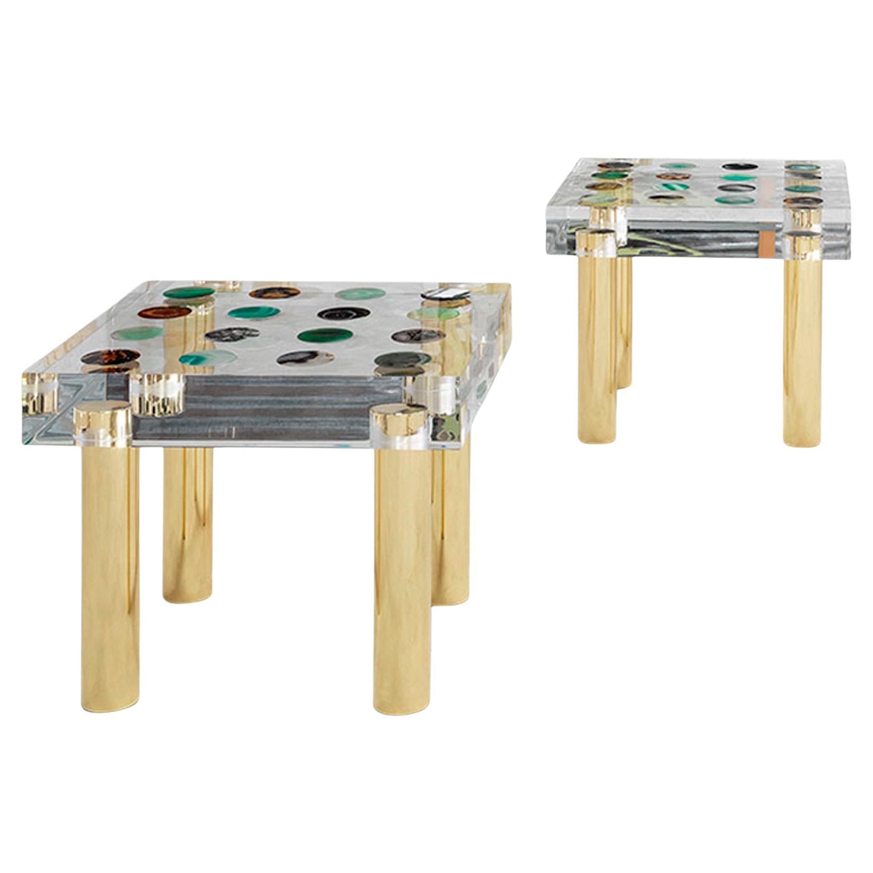 Superego Contemporary Modern Italian Plexiglass Agates and Brass Side Table
