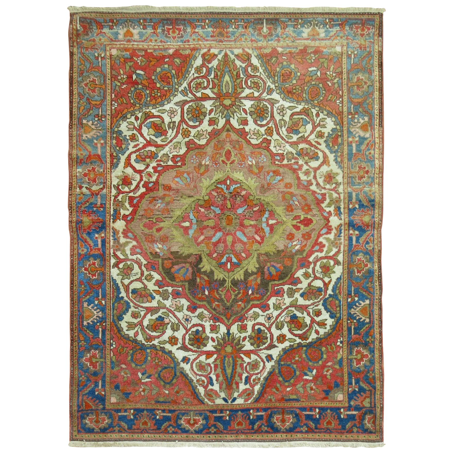 Superbe tapis persan ancien Malayer de niveau connaisseur, fait à la main, ivoire