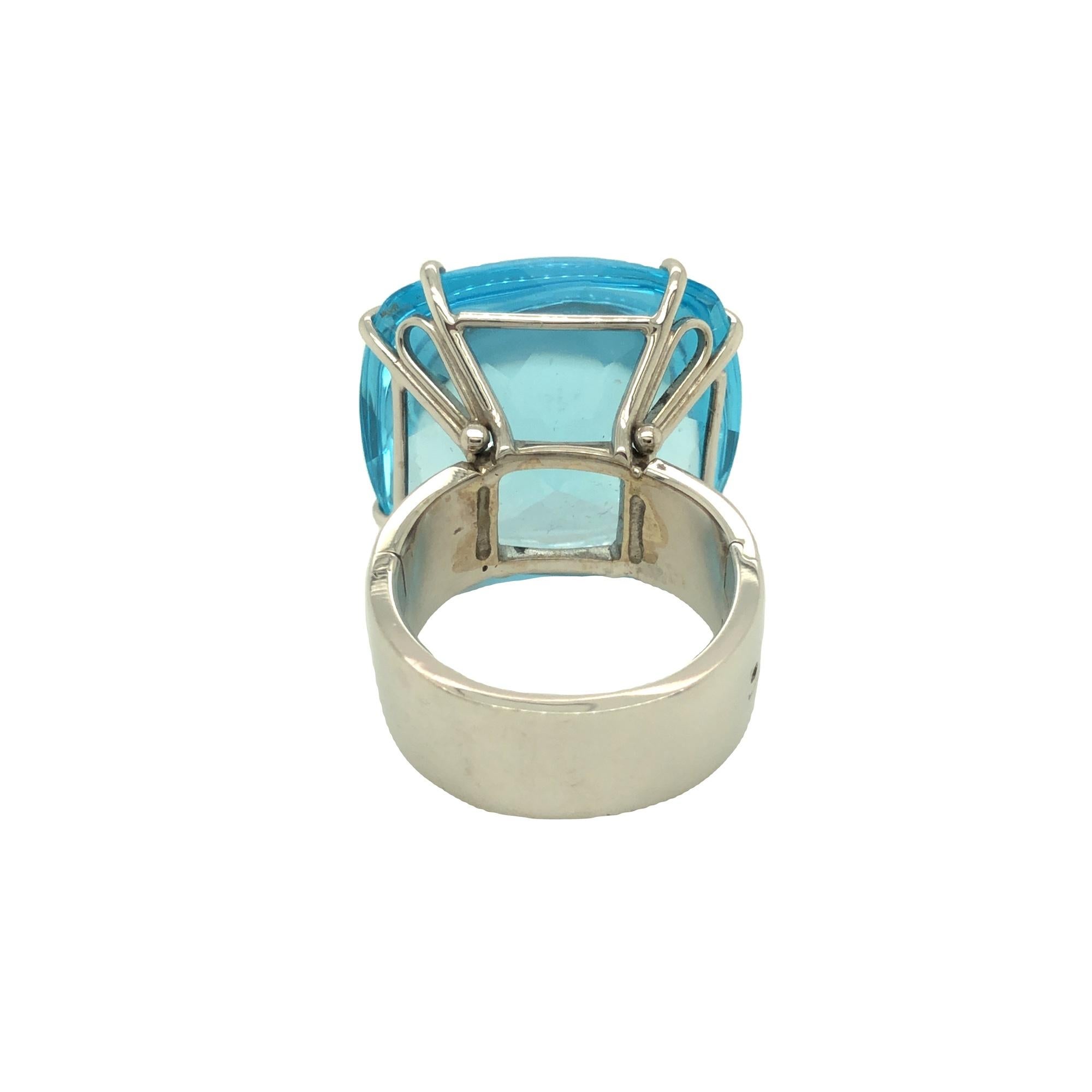 Women's or Men's Super Fit Large Square Cabochon Blue Topaz Ring 14K White Gold For Sale