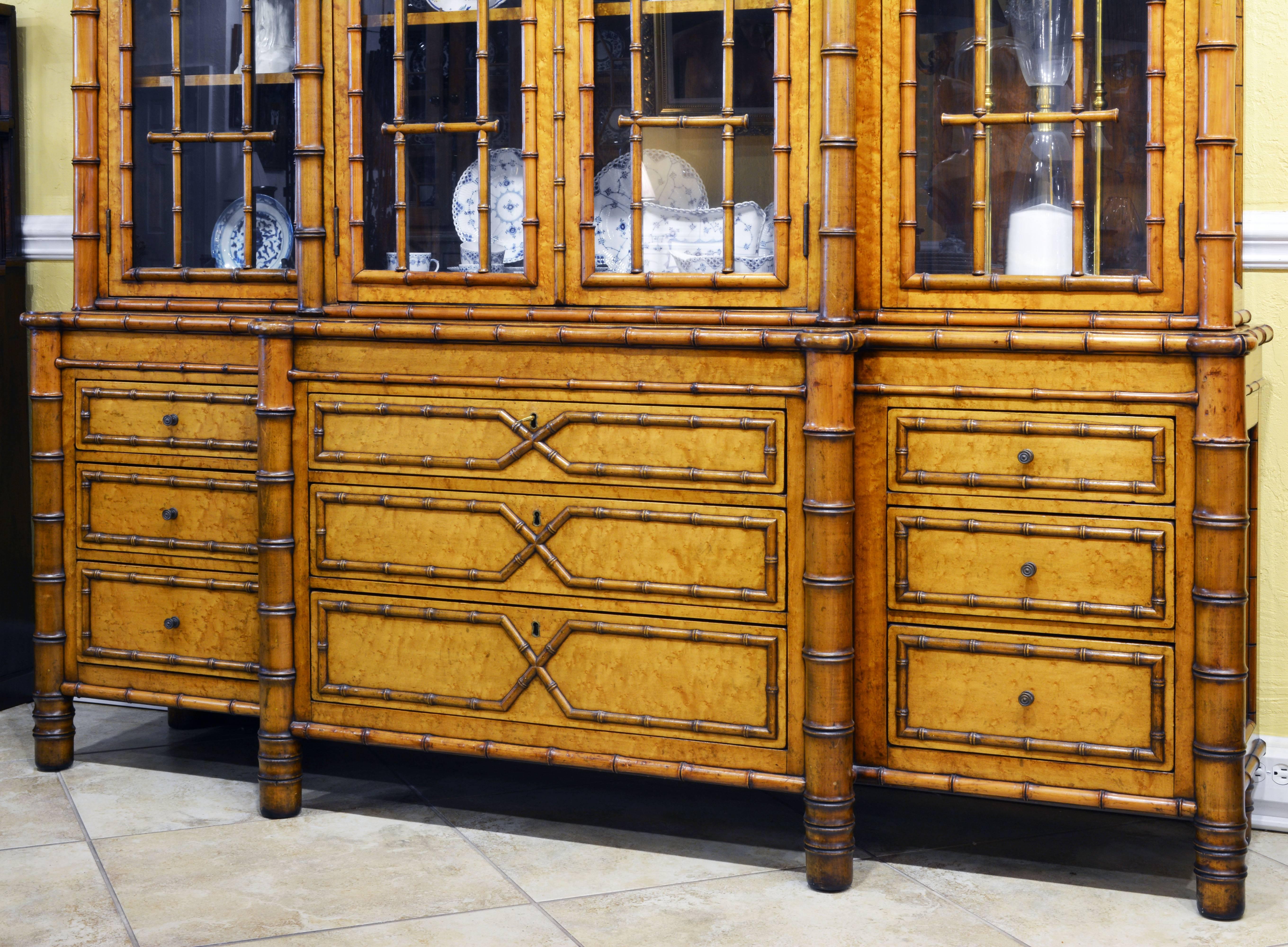 Chinoiserie Superior 19th Century English Faux Bamboo and Birdseye Maple Breakfront Bookcase