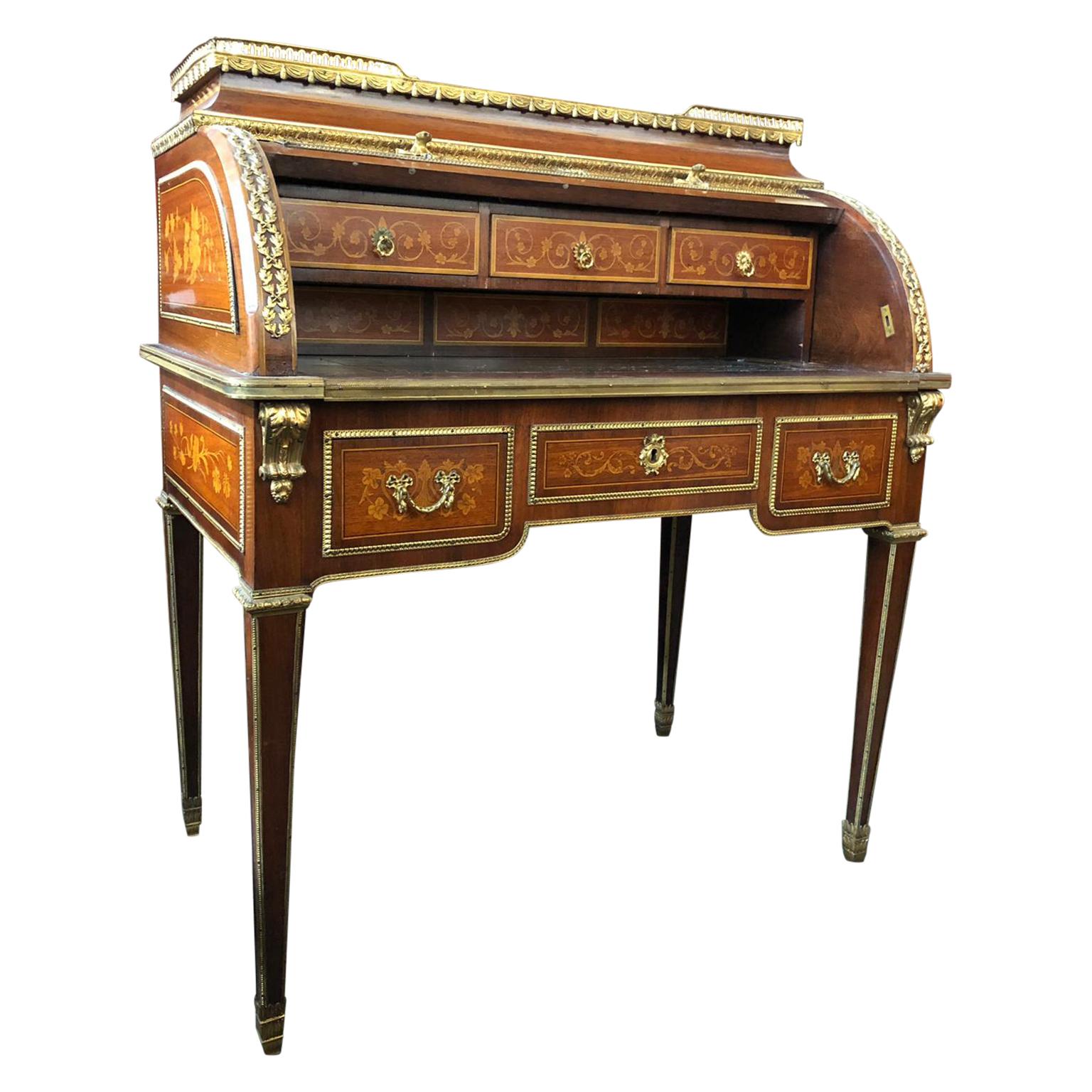 Inlay Superior 19th Century French Louis XVI Style Parquetry/Marquetry Cylinder Desk