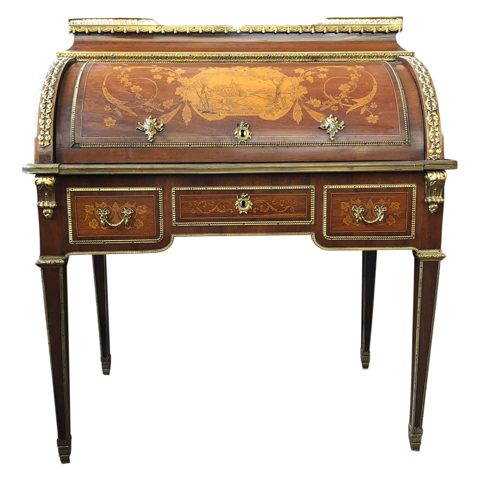 Wood Superior 19th Century French Louis XVI Style Parquetry/Marquetry Cylinder Desk