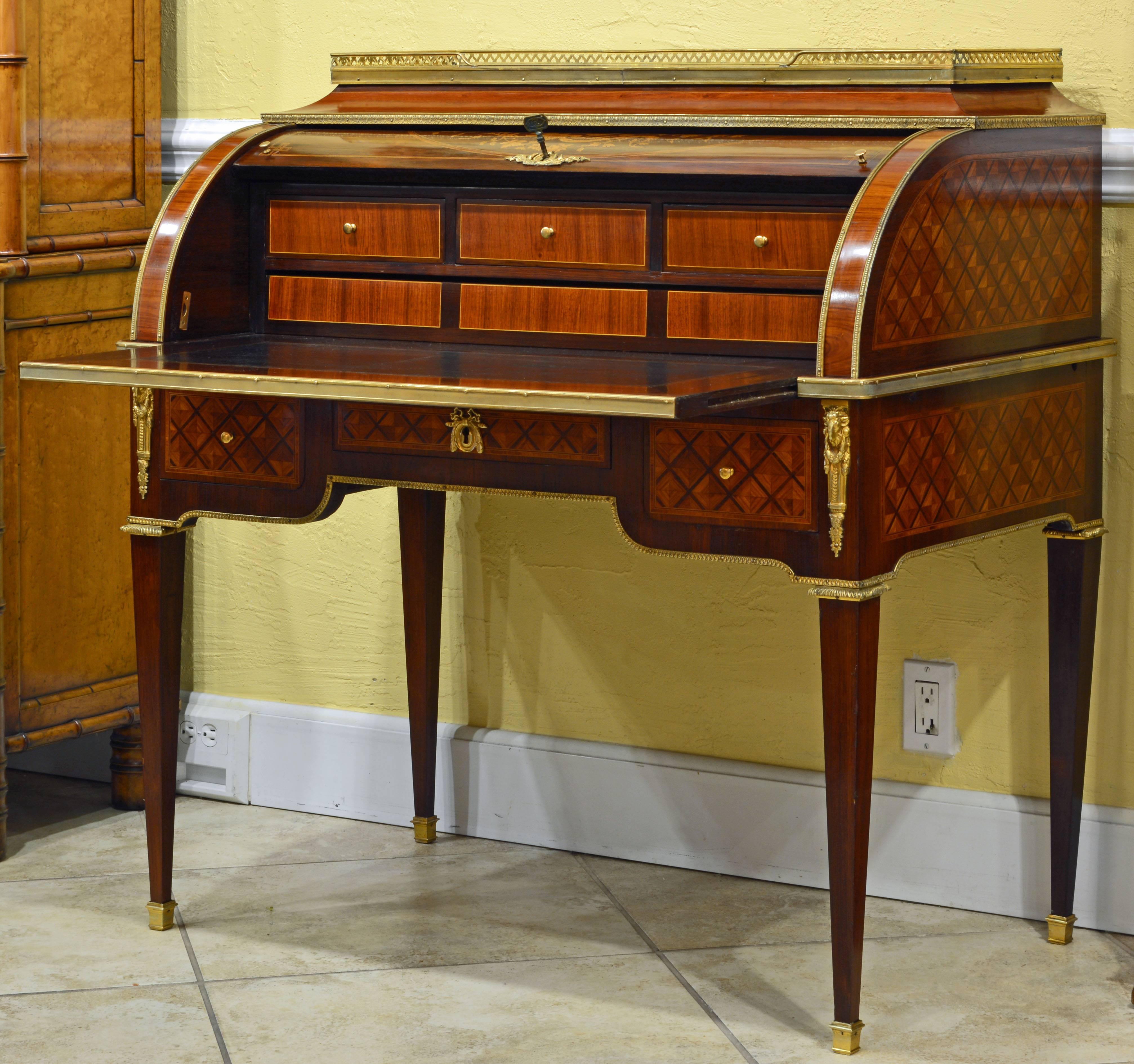 Gilt Superior 19th Century French Louis XVI Style Parquetry/Marquetry Cylinder Desk