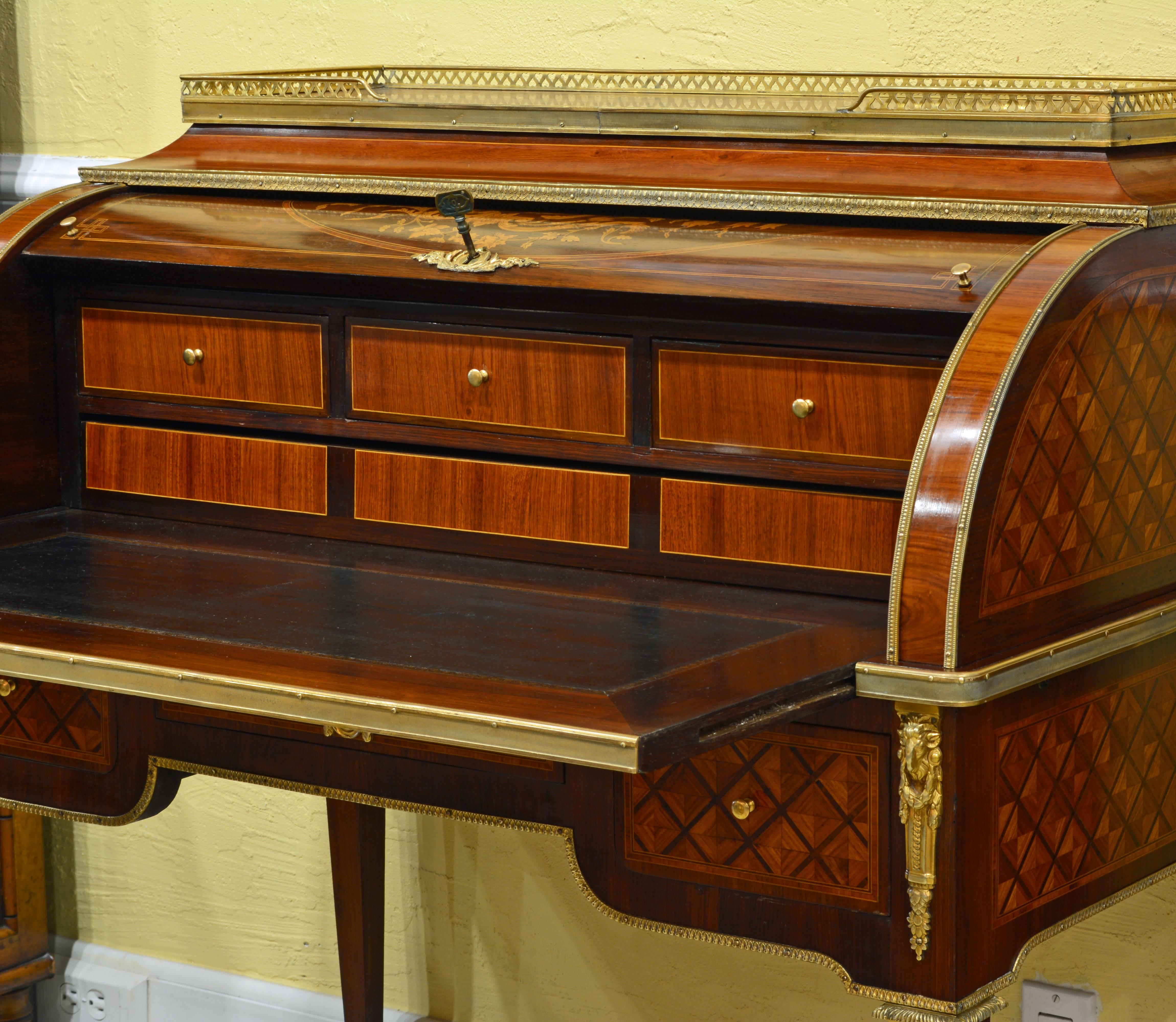 Superior 19th Century French Louis XVI Style Parquetry/Marquetry Cylinder Desk In Good Condition In Ft. Lauderdale, FL