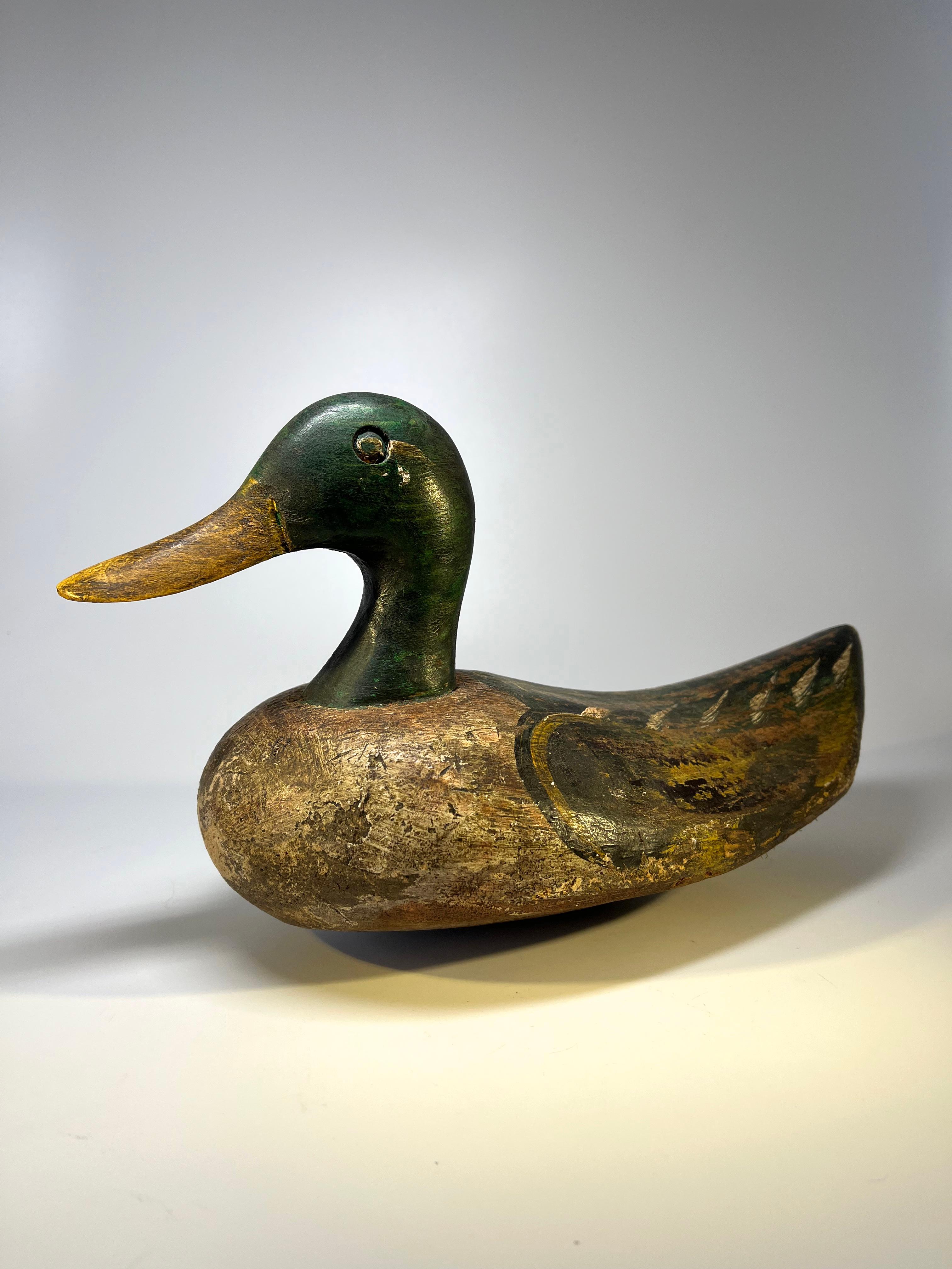 Hand-Carved Superior Antique English Cork Mallard Decoy, Original Paint, Early 20th Century For Sale