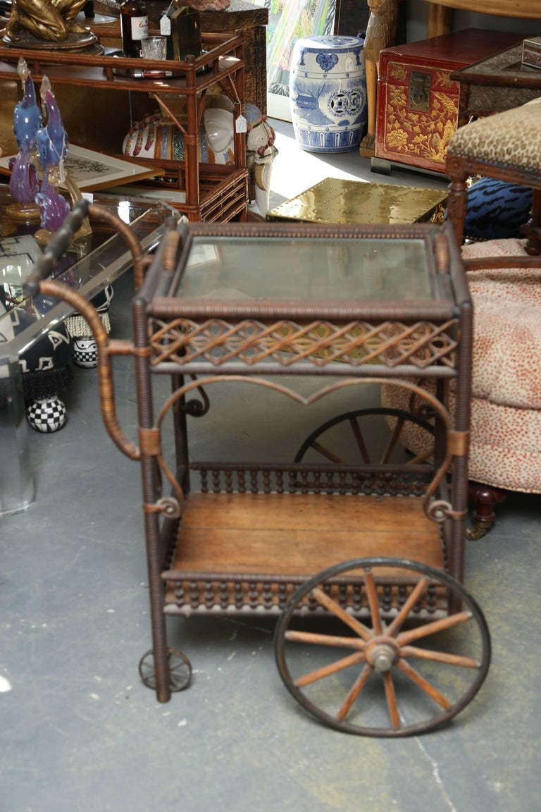 Superior Antique Wicker Bar / Tea Cart at 1stDibs