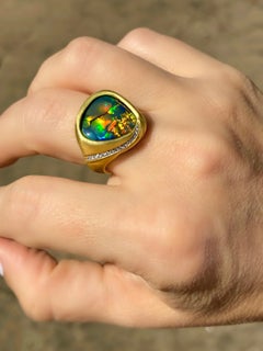 Superior Gem Lightning Ridge Black Opal White Diamond Yellow Gold Ring, 2025