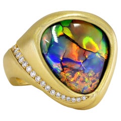 Superior Gem Lightning Ridge Black Opal White Diamond Yellow Gold Ring, 2025
