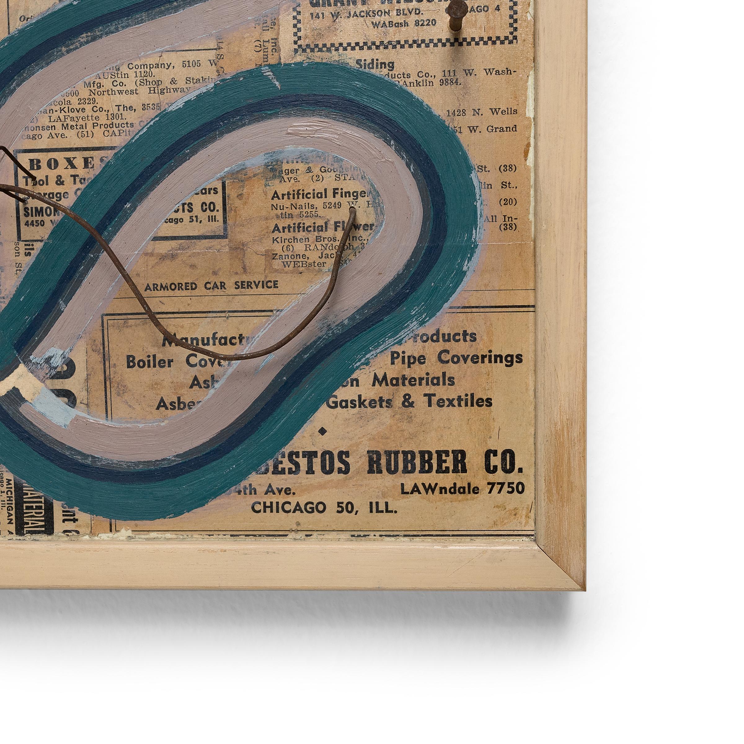 This abstract work by Chicago artist Patrick Fitzgerald is one of a series of “track paintings” that materialize the imagined tracks navigated by his miniature soap-box car sculptures. Inspired by slot-car racetracks, each painting depicts a