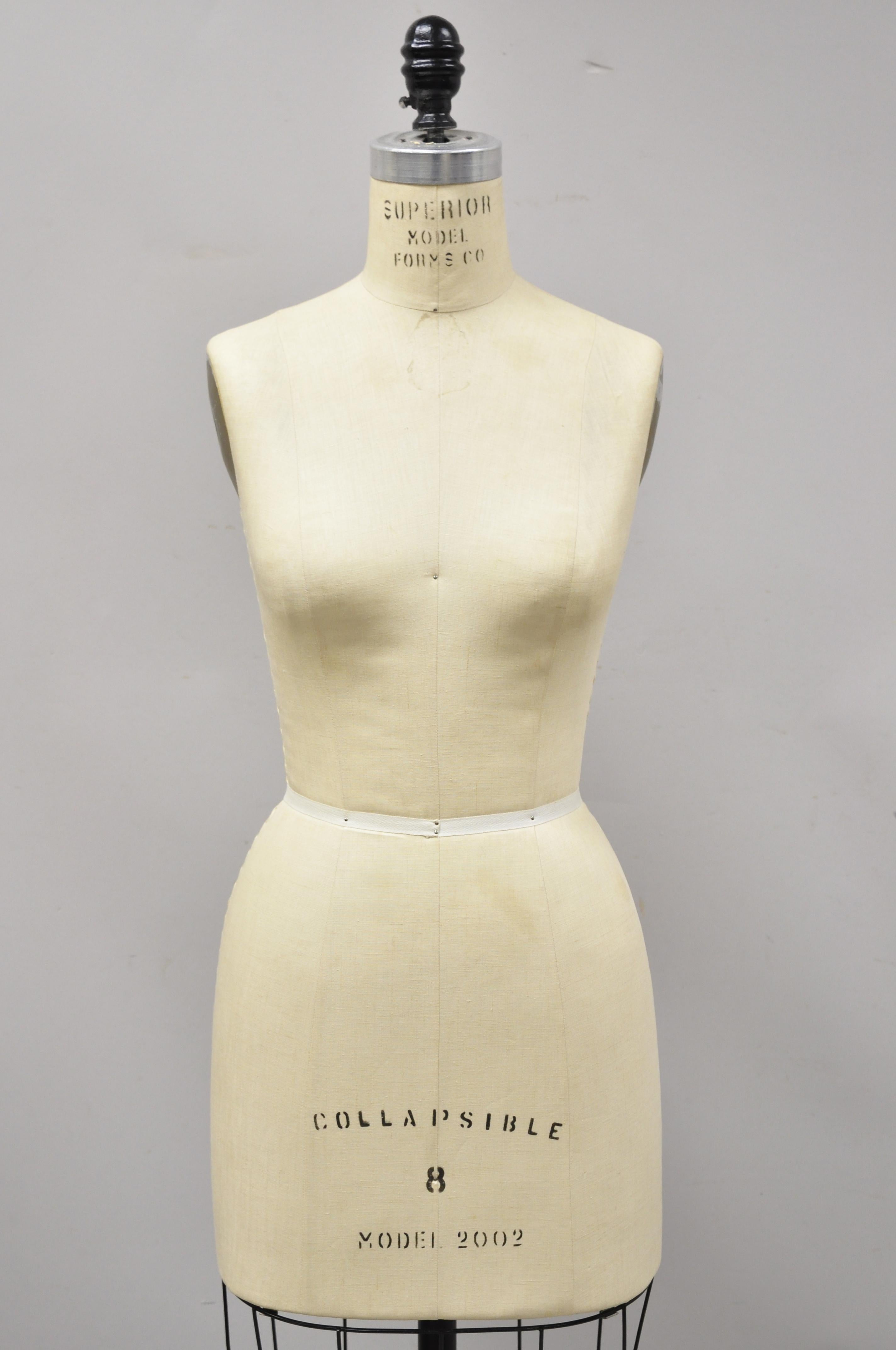 Superior Model Forms Co. model 2002 iron cage dress form mannequin size 8. Item features collapsible shoulders, adjustable height, quality American craftsmanship, great style and form, circa late 20th century. Measurements: 63