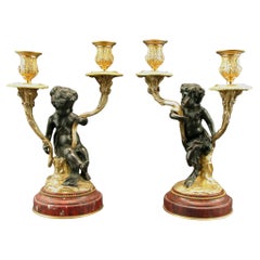 Coppia superiore di candelabri figurativi in bronzo dorato e patinato del XIX secolo