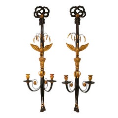 Superior Pair of Midcentury Italian Carved Gilt Wood and Ebonized Wall Sconces