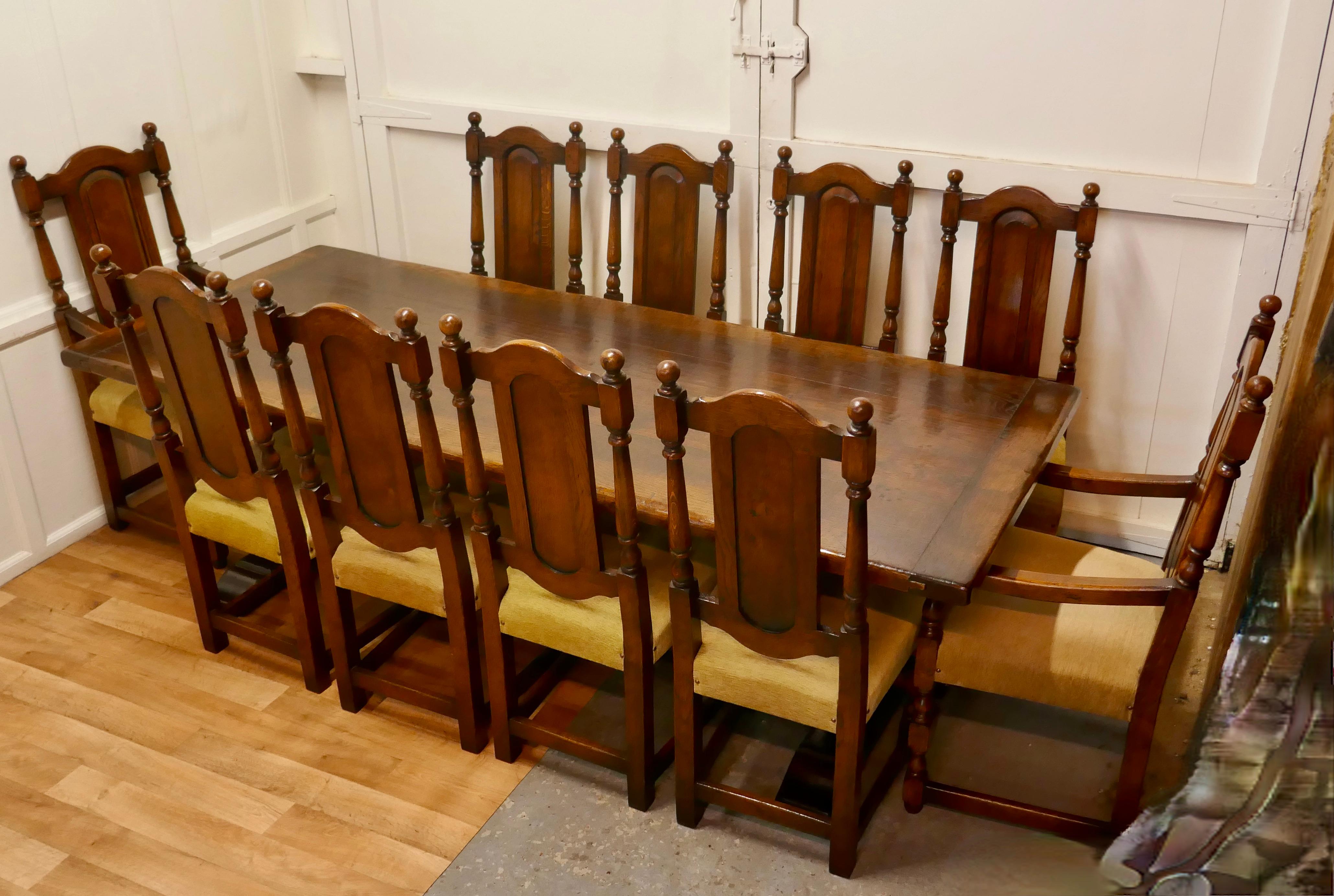 Superior quality Arts & Crafts oak refectory dining table and 10 dining chairs

This is a very handsome table, it has a heavy solid 2” thick 4 plank top with cleated or breadboard ends it has very sturdy 11” end legs with a long wide H stretcher
