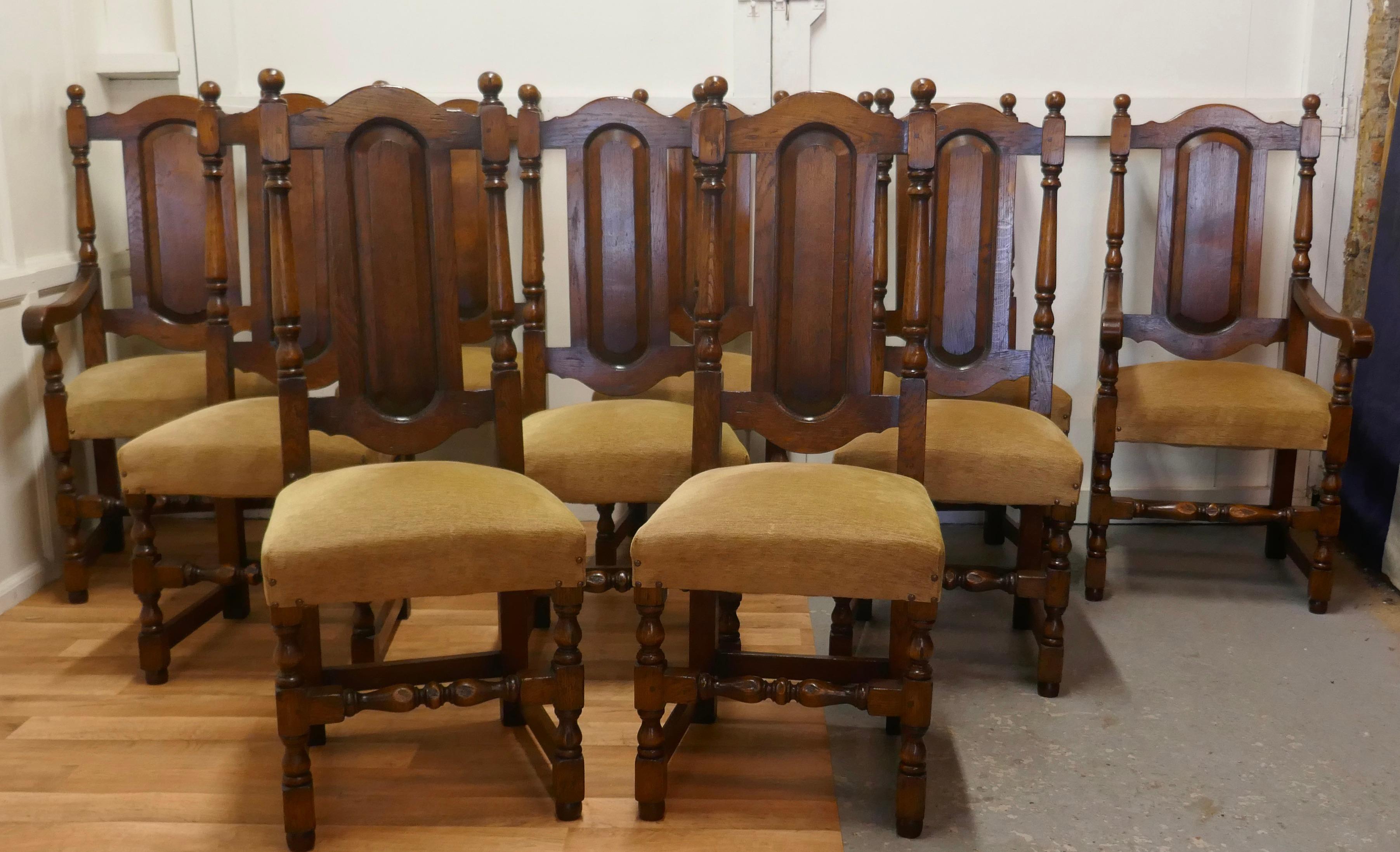 Superior Quality Arts & Crafts Oak Refectory Dining Table and 10 Dining Chairs In Good Condition In Chillerton, Isle of Wight
