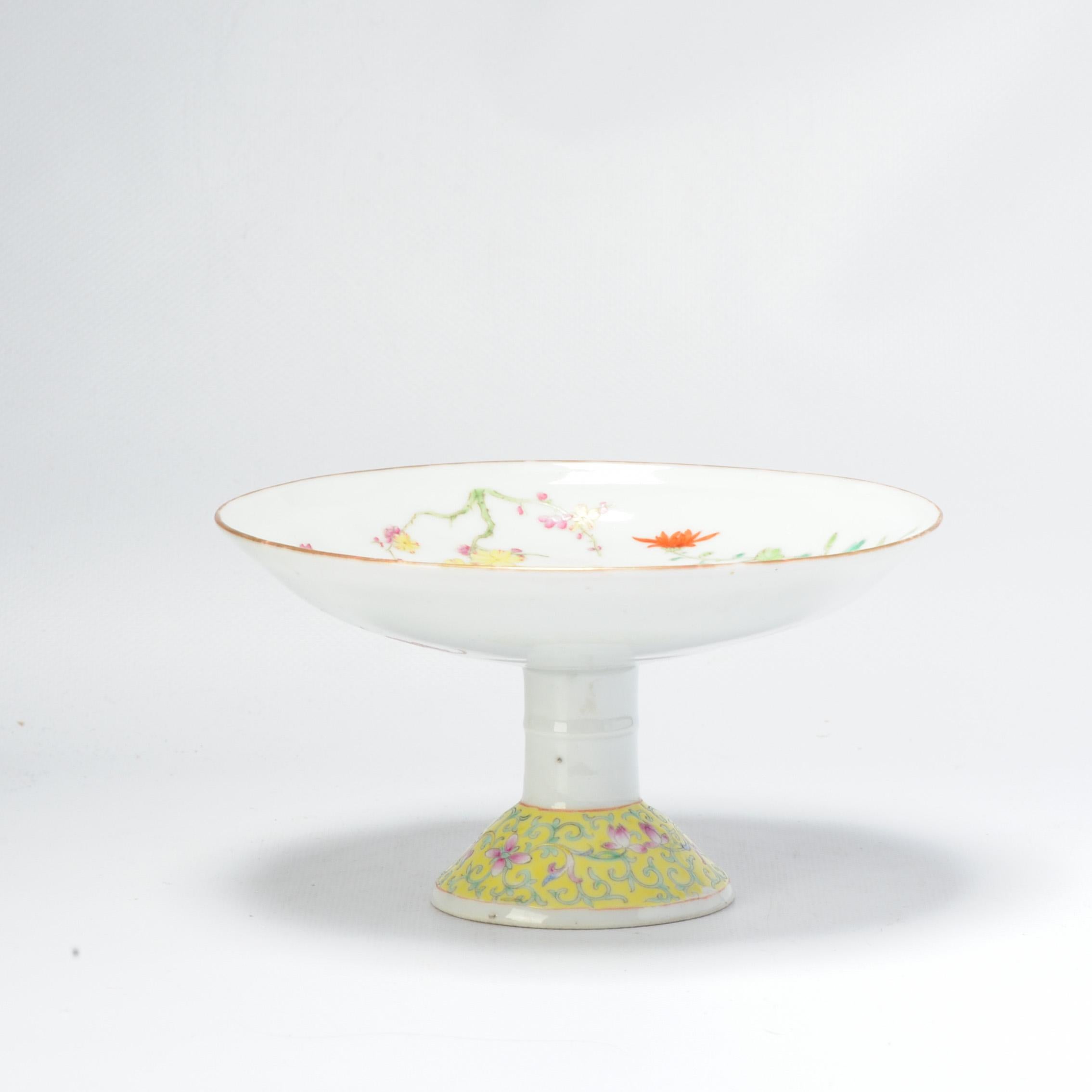 Lovely Guangxu or minguo Tazza piece, great quality. Decorated with various kind of flowers (peony, lotus, chrysanthemum and prunus) in a famille rose palette. The underside has 3 nicely painted bats.

Additional information:
Material: Porcelain &