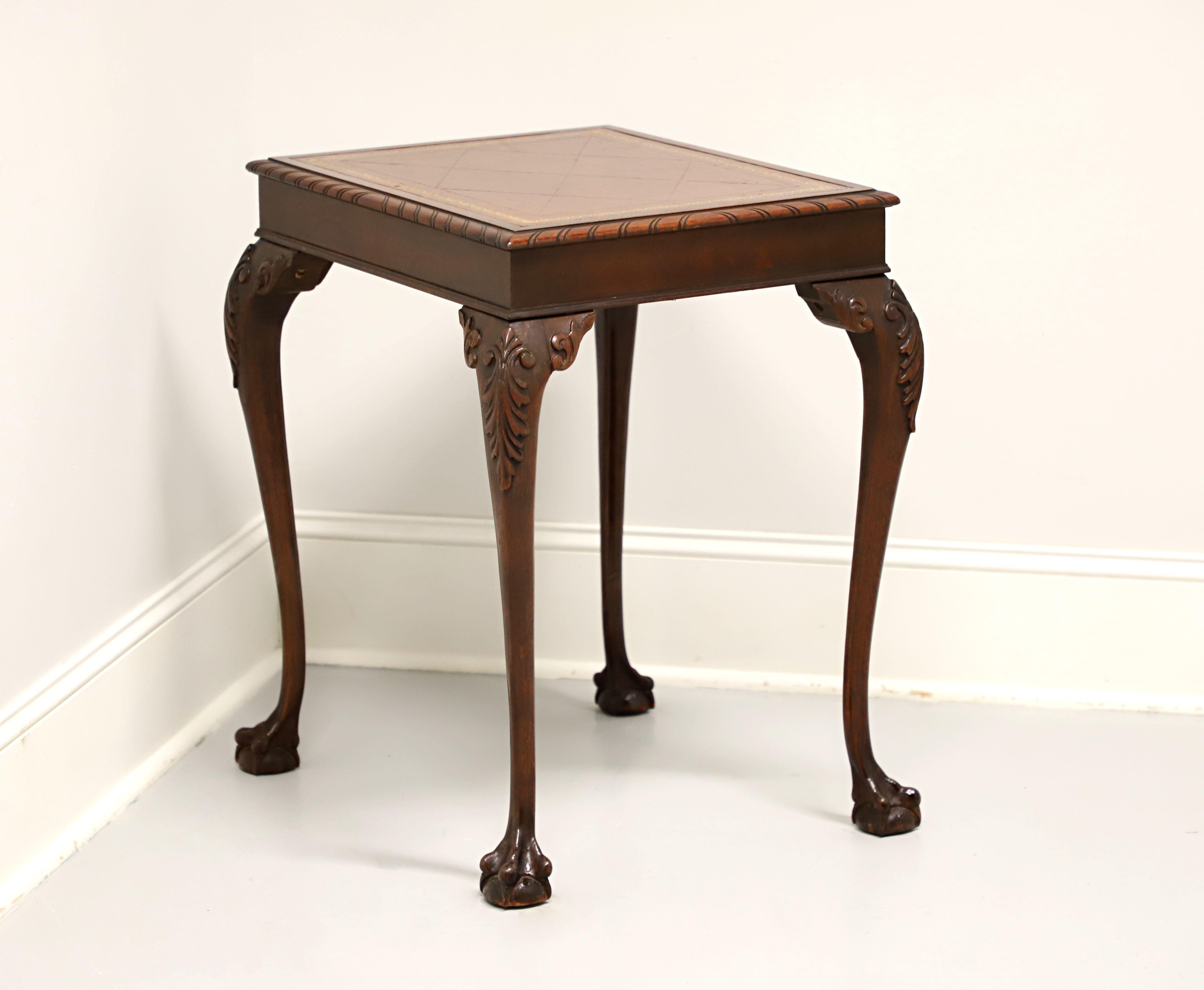 20th Century SUPERIOR TABLE Mahogany Chippendale Leather Top Ball in Claw End Side Table - A