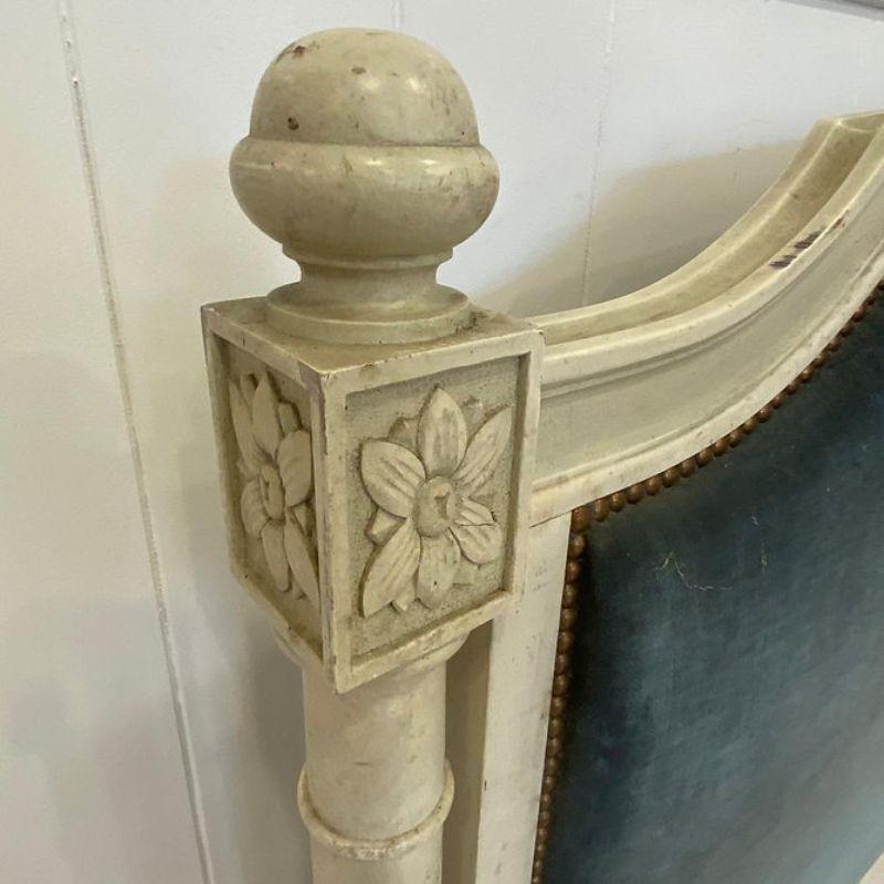 Antique French upholstered bed (6' wide) with chunky columns in the style of Louis XV1. The frame requires full renovation and will be repainted in your choice of colour and then upholstered in your chosen fabric, the fabric is an additional
