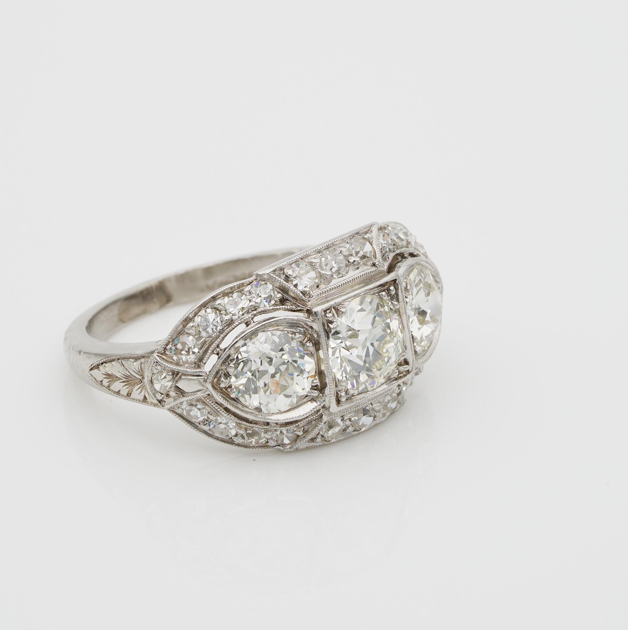 Old European Cut Superlative Art Deco 2.20 Carat Diamond Plus .70 Carat Platinum Three-Stone Ring For Sale