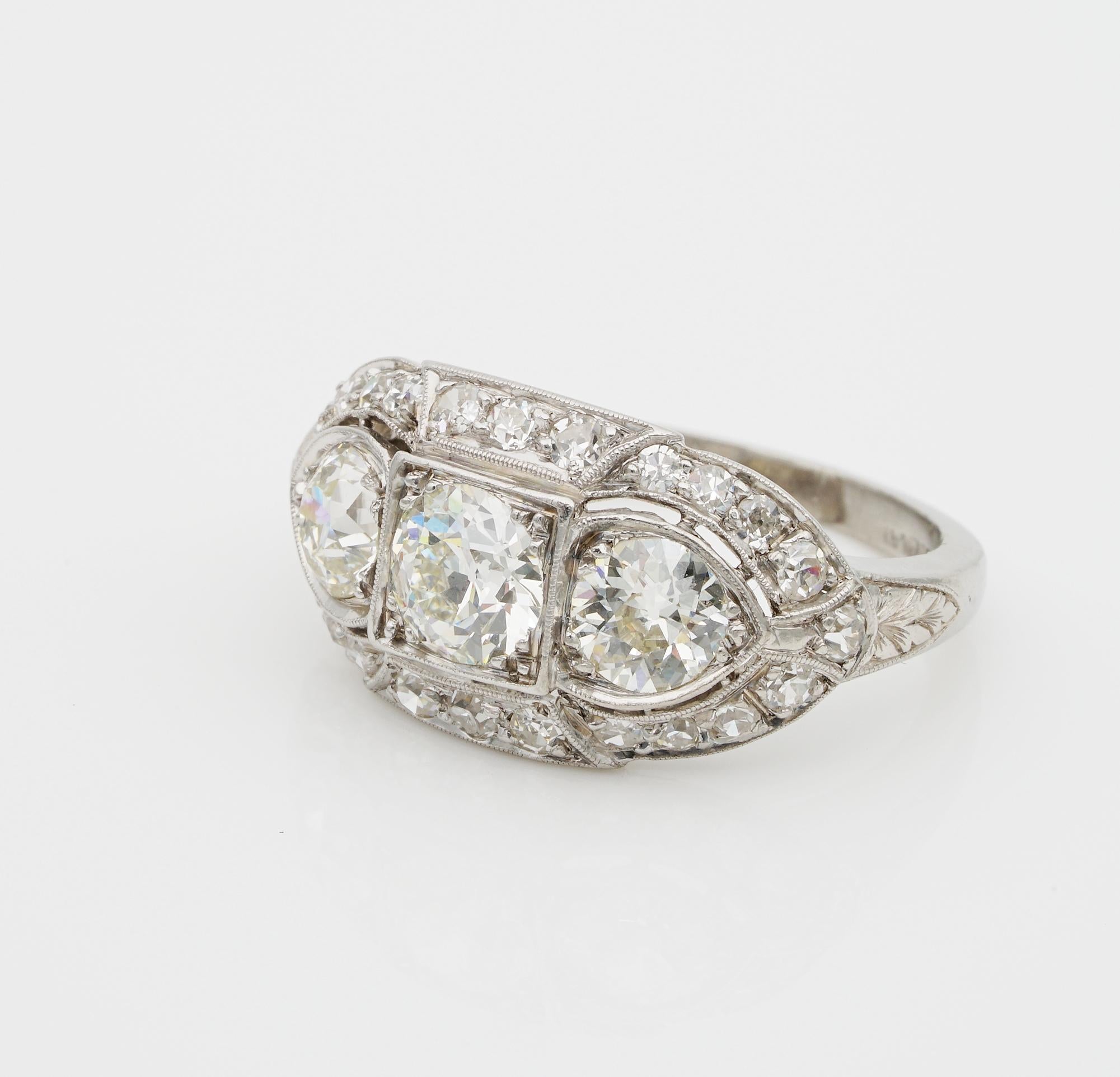 Women's Superlative Art Deco 2.20 Carat Diamond Plus .70 Carat Platinum Three-Stone Ring For Sale