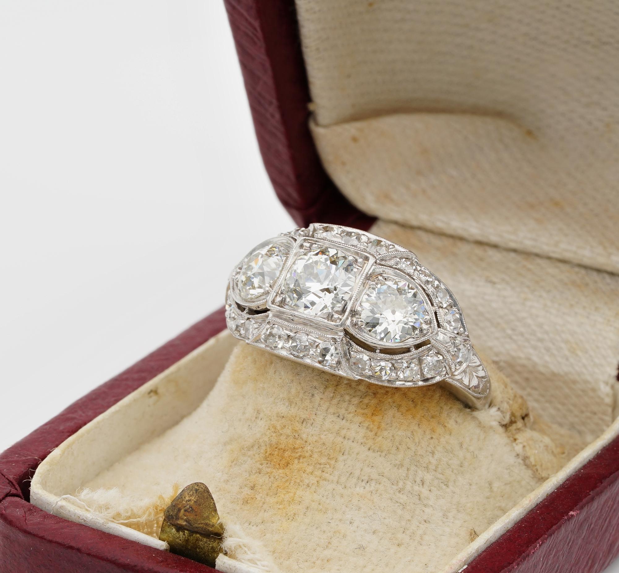 Superlative Art Deco 2.20 Carat Diamond Plus .70 Carat Platinum Three-Stone Ring For Sale 1