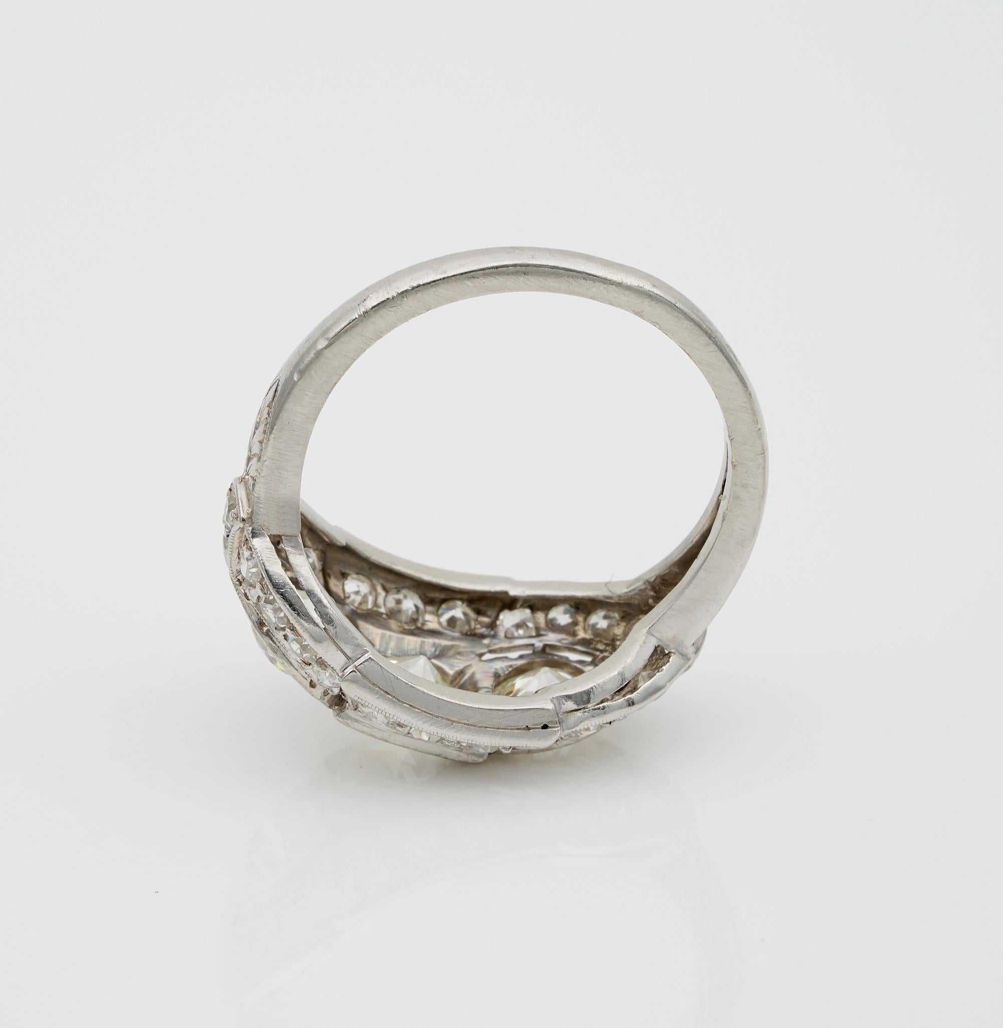 Superlative Art Deco 2.20 Carat Diamond Plus .70 Carat Platinum Three-Stone Ring For Sale 2