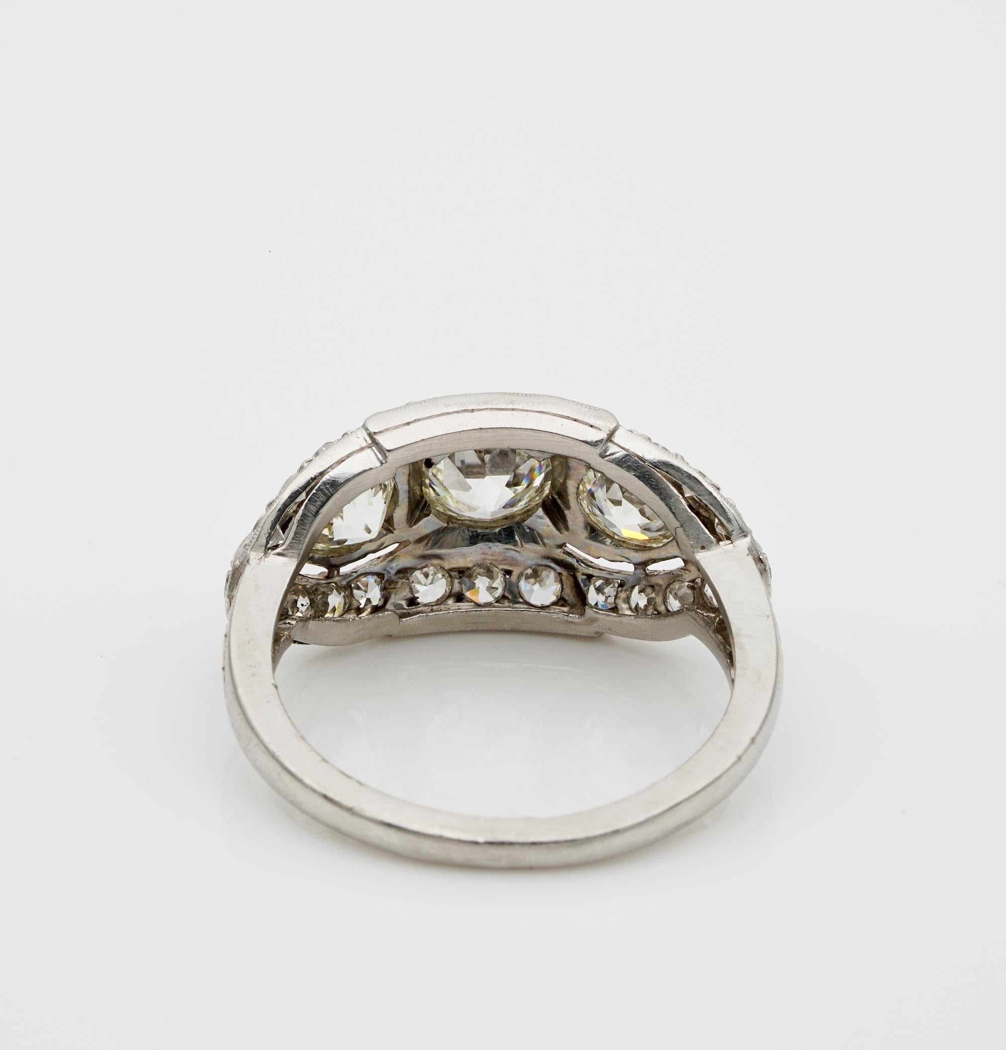 Superlative Art Deco 2.20 Carat Diamond Plus .70 Carat Platinum Three-Stone Ring For Sale 3