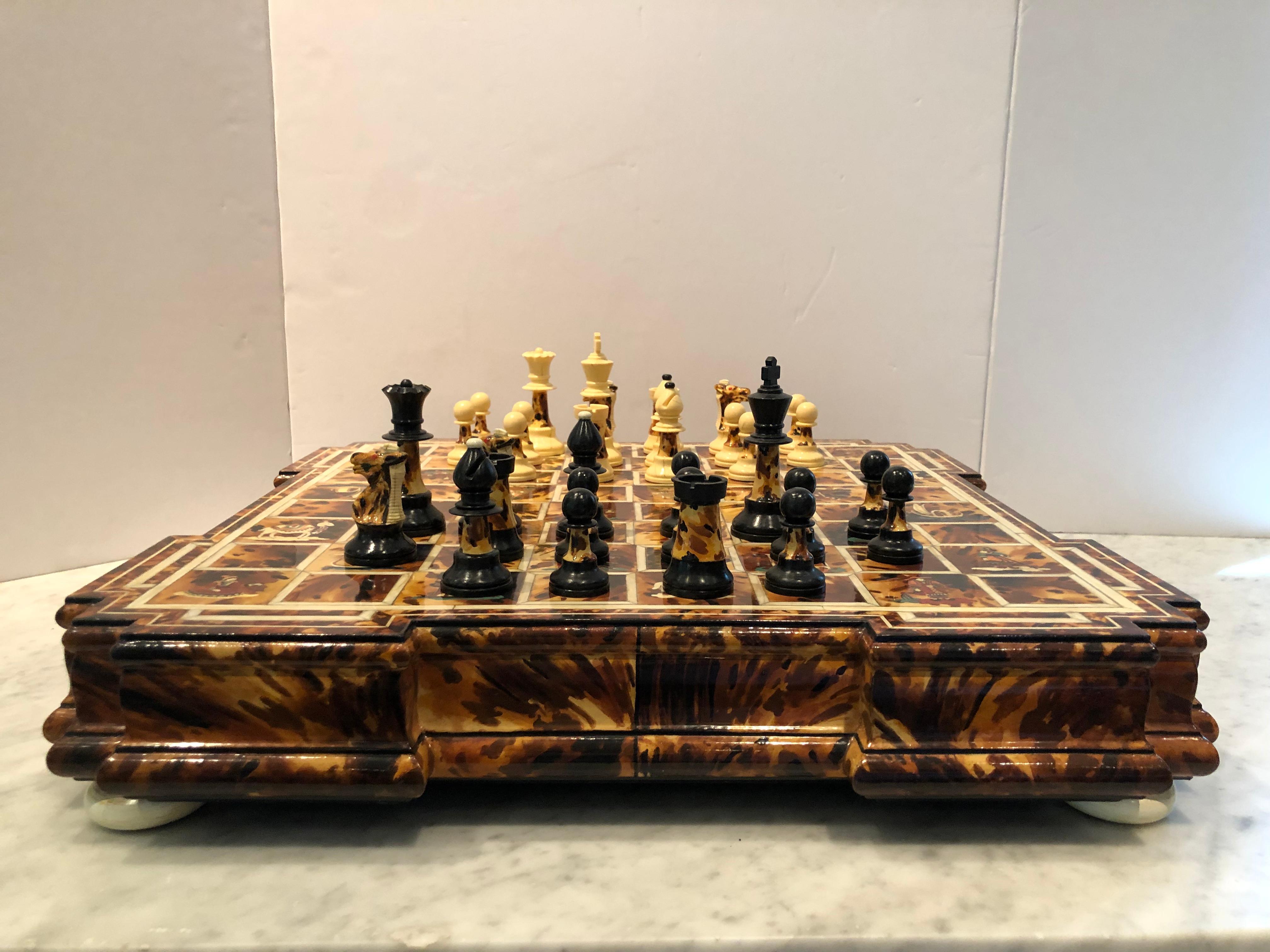 Chinoiserie Superlative Faux Tortoise and Inlaid Chess Set