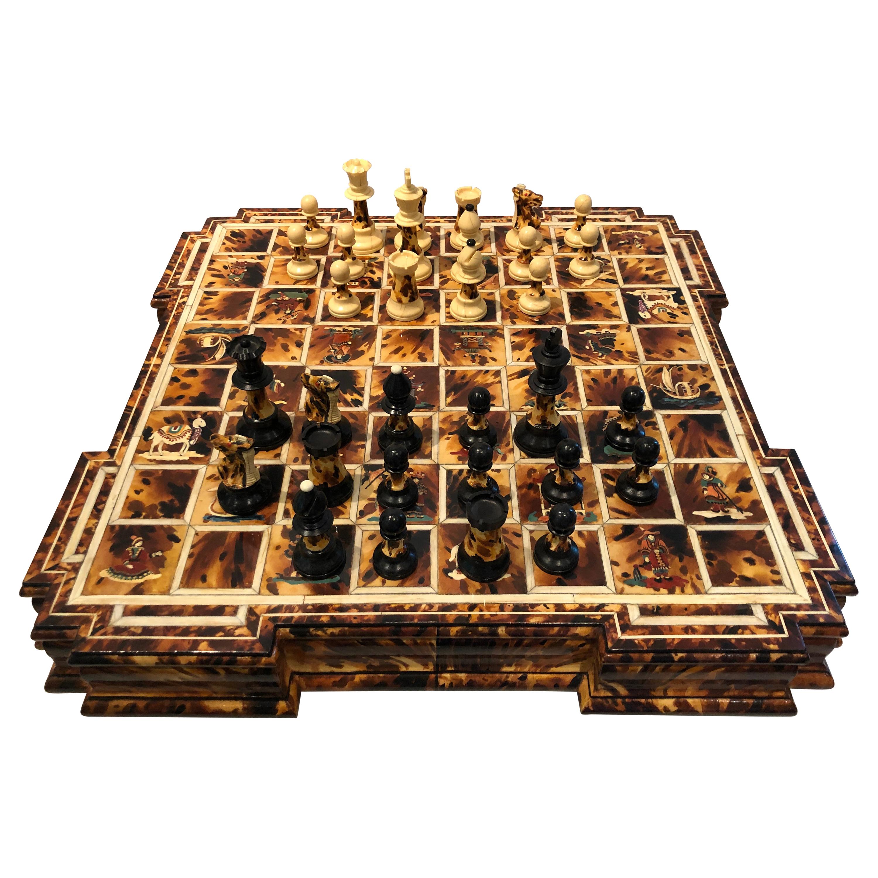 Superlative Faux Tortoise and Inlaid Chess Set
