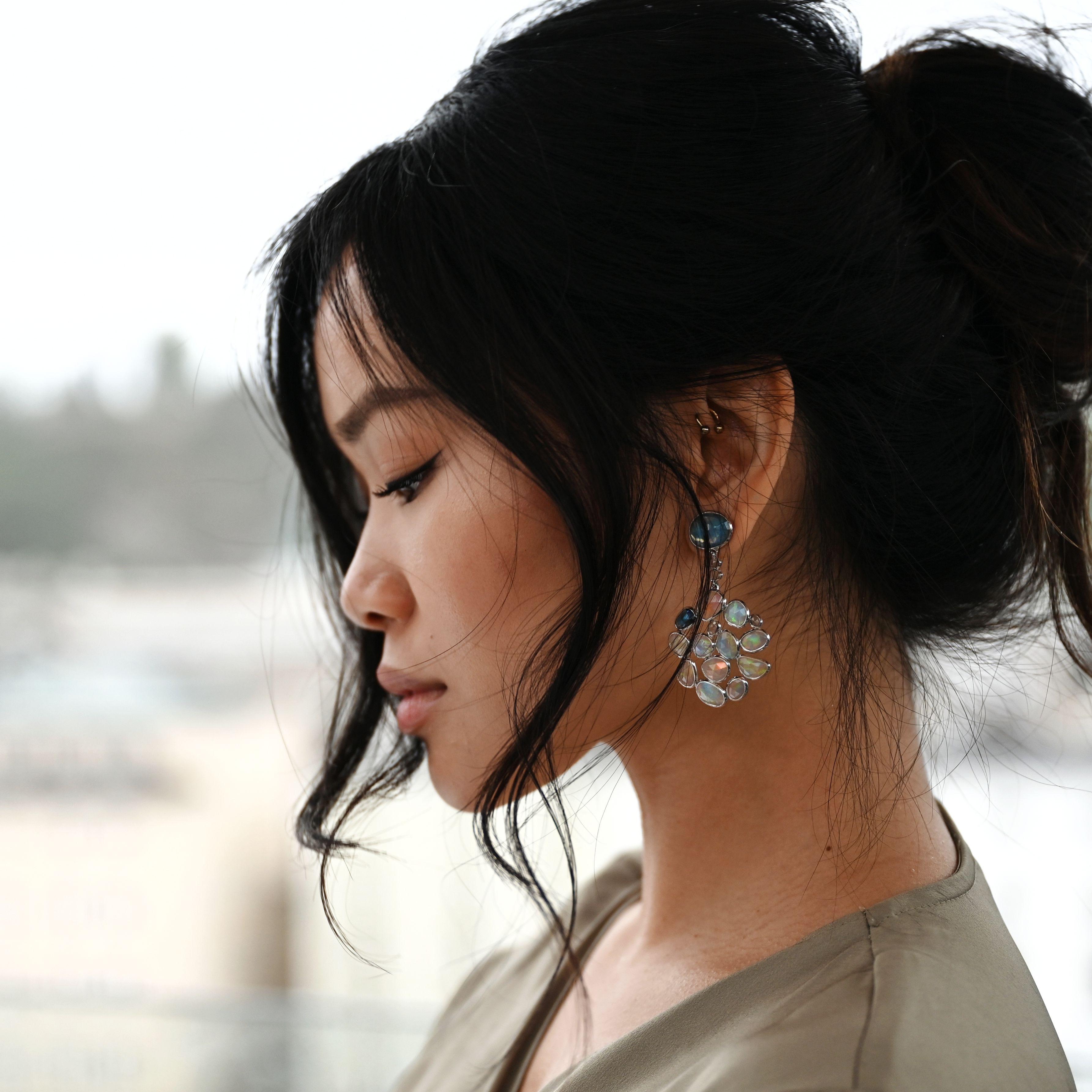 Superlight and Flat Opal and Blue Sapphire Earrings For Sale 1
