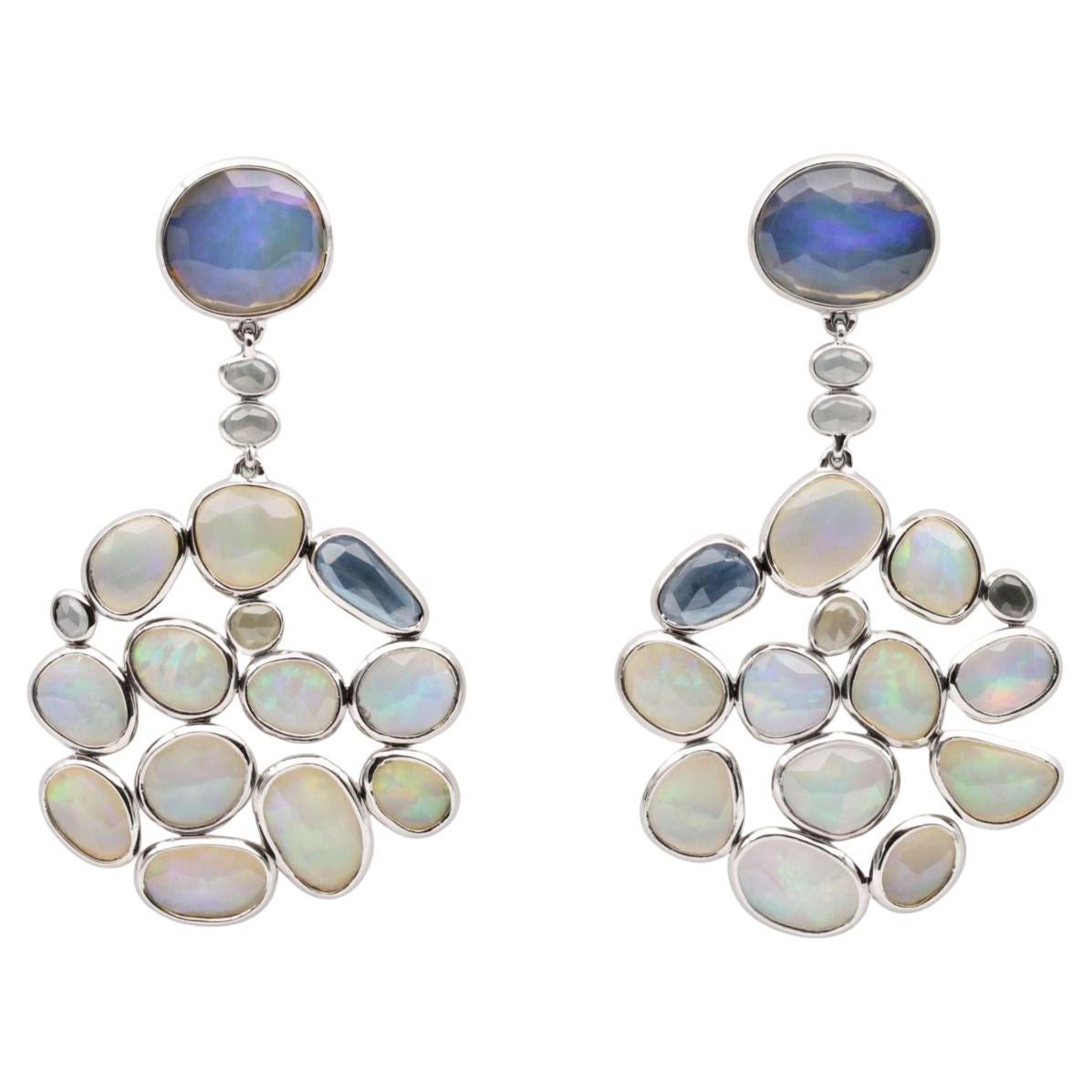 Superlight and Flat Opal and Blue Sapphire Earrings For Sale