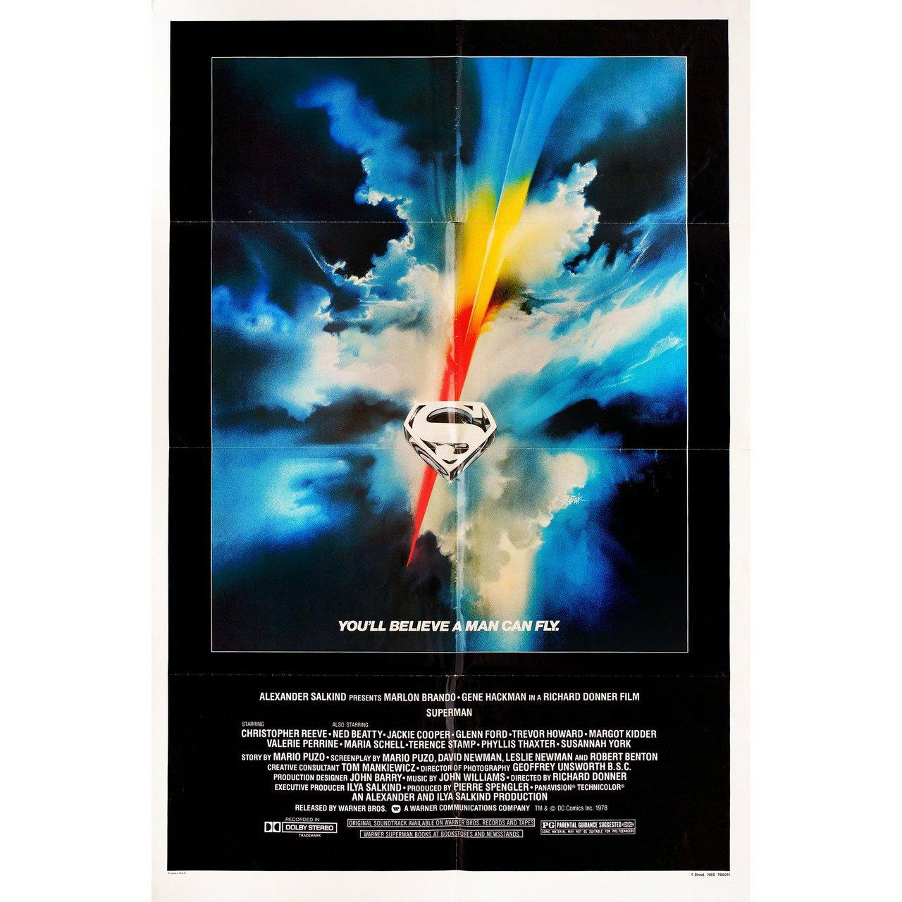 Original 1978 U.S. one sheet poster by Bob Peak for the film Superman directed by Richard Donner with Marlon Brando / Gene Hackman / Christopher Reeve / Ned Beatty. Very good-fine condition, folded. Many original posters were issued folded or were