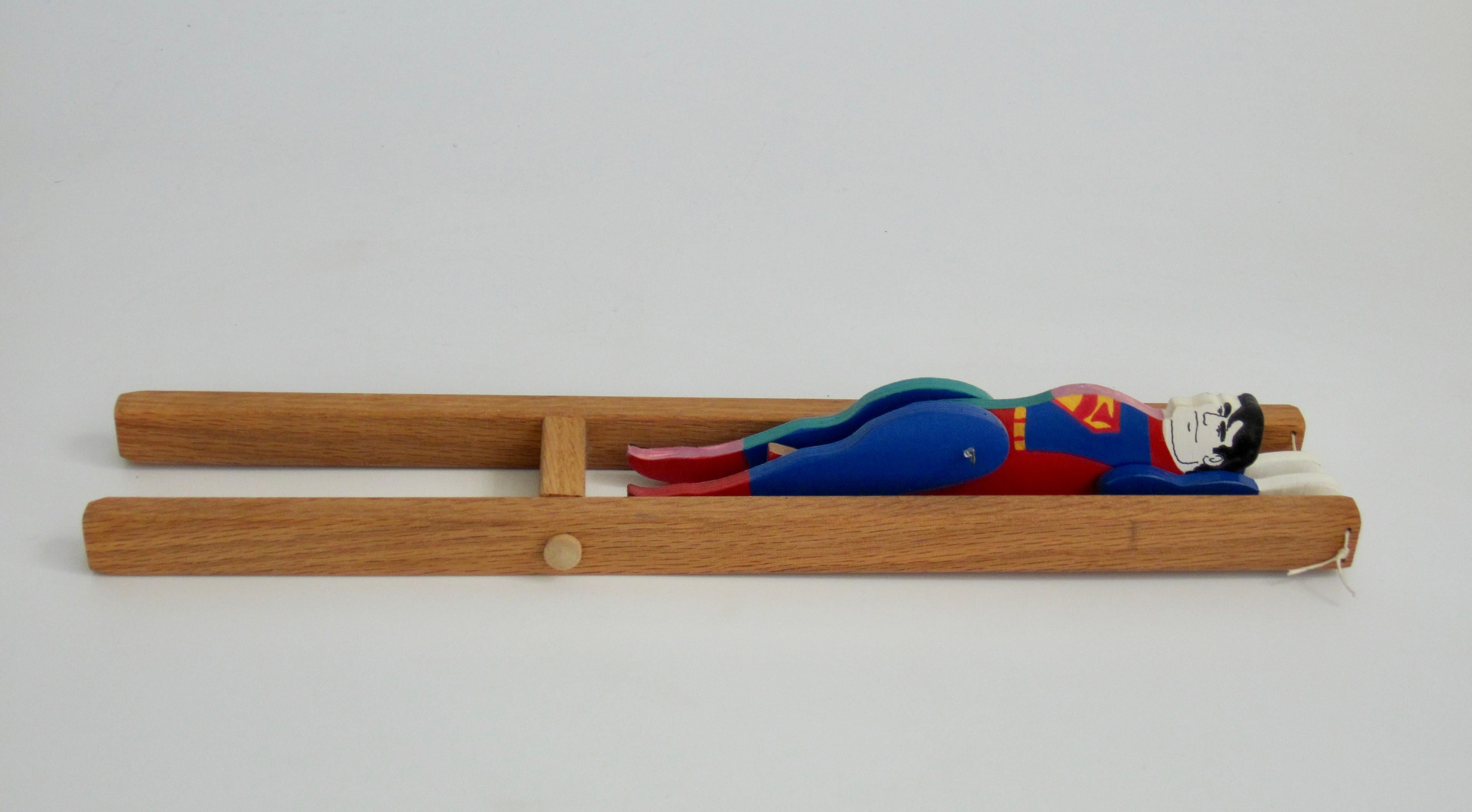 Superman/Clark Kent Wooden Trapeze Artist Toy with Graffiti Phone Booth For Sale 3
