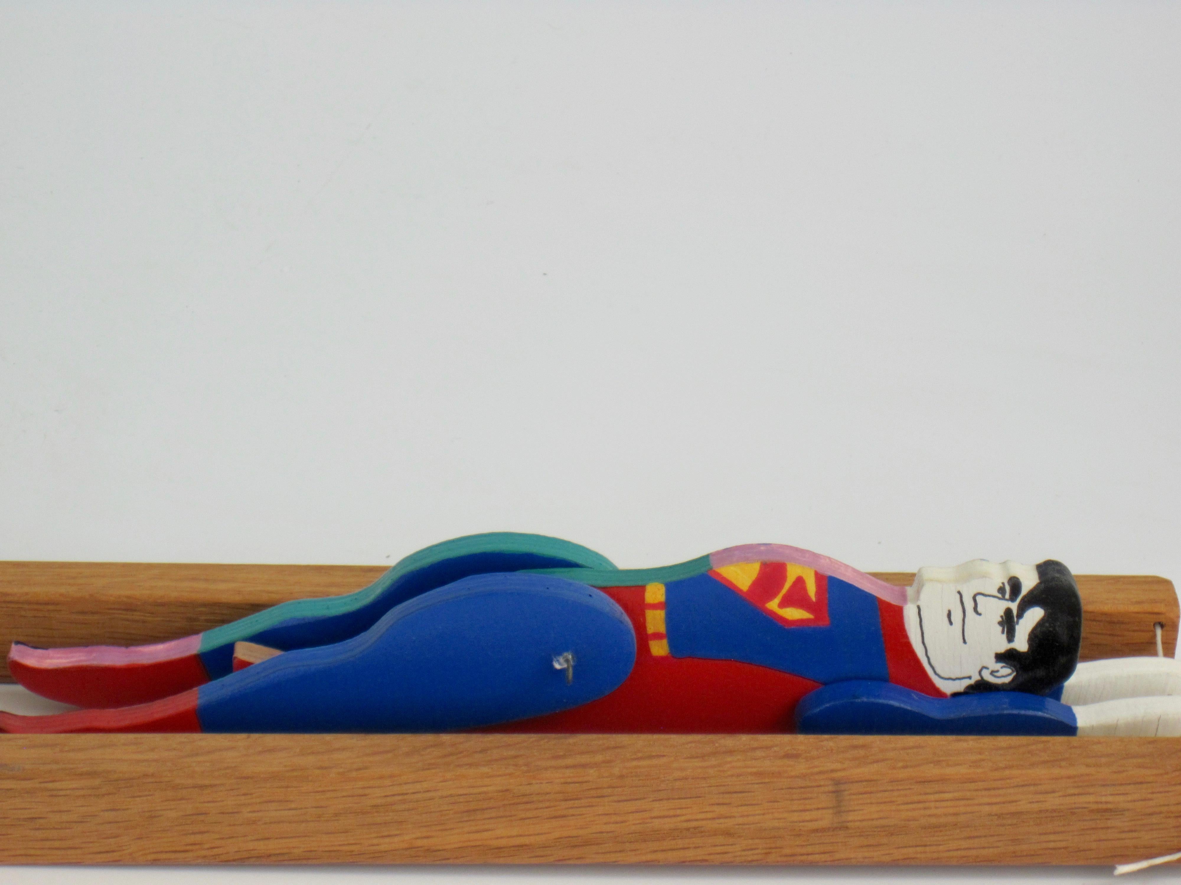 Superman/Clark Kent Wooden Trapeze Artist Toy with Graffiti Phone Booth For Sale 4