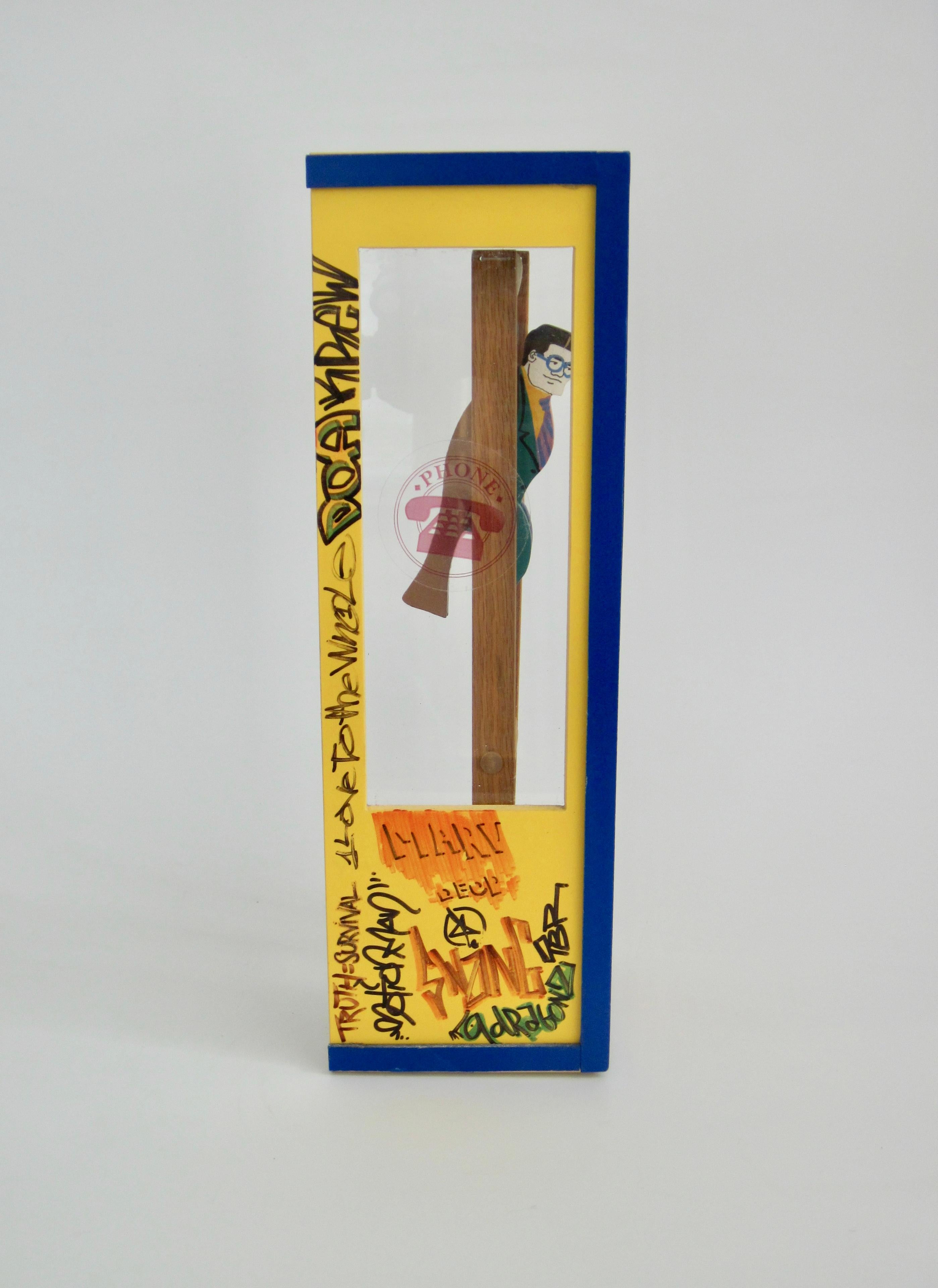 Post-Modern Superman/Clark Kent Wooden Trapeze Artist Toy with Graffiti Phone Booth For Sale